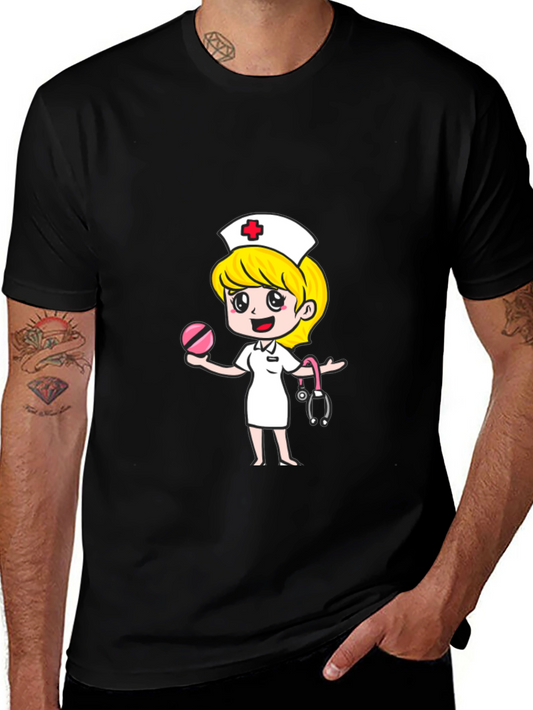 Nurse Cartoon Graphic T-Shirt - Black