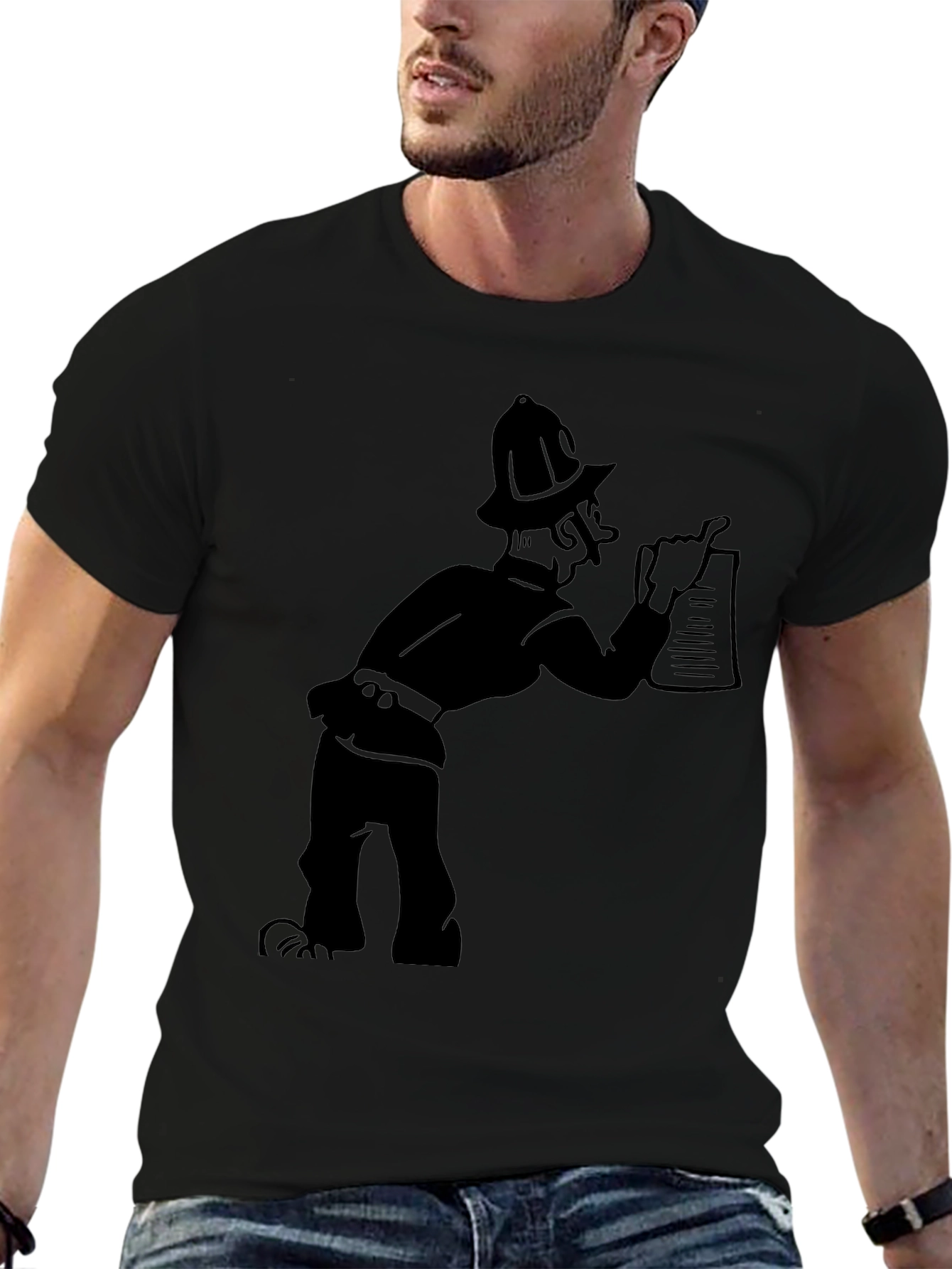 Cartoon Fireman Black Graphic Tee