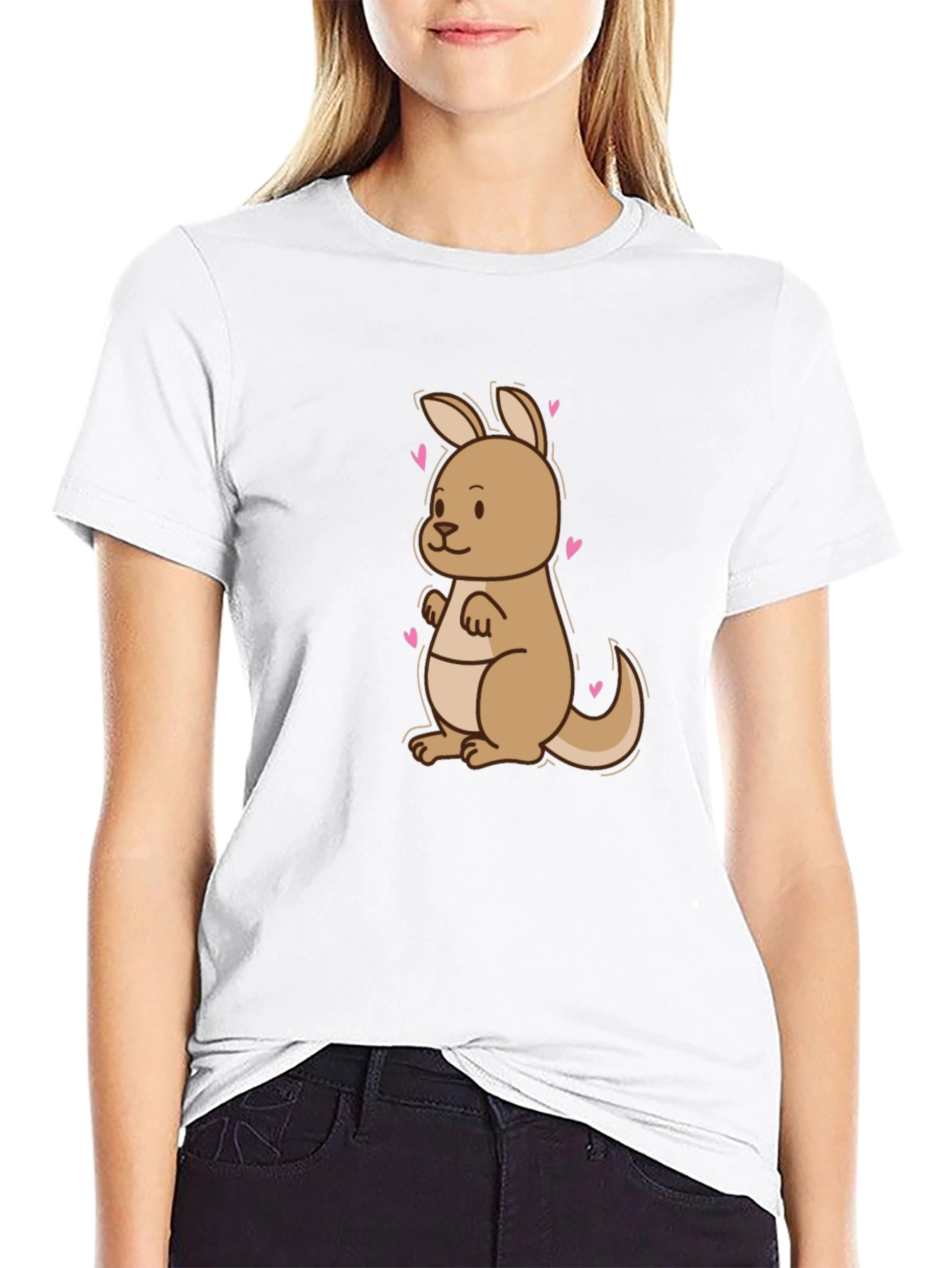 Cute Kangaroo Heart Tee - Black Cotton Blend T-Shirt