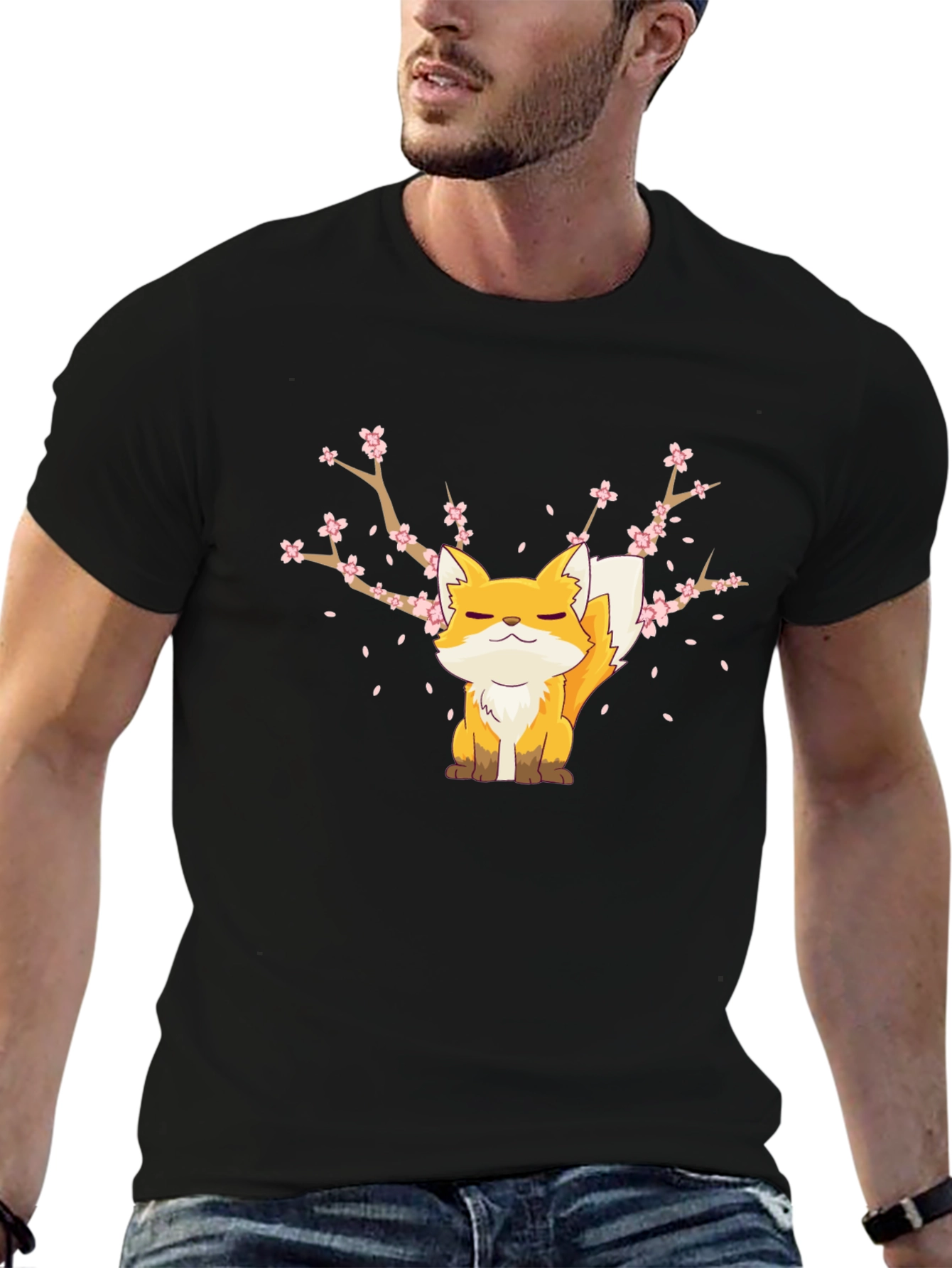 Fox & Cherry Blossom Graphic Black T-Shirt