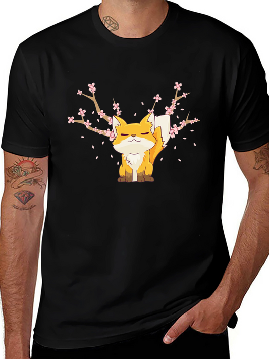Fox & Cherry Blossom Graphic Black T-Shirt