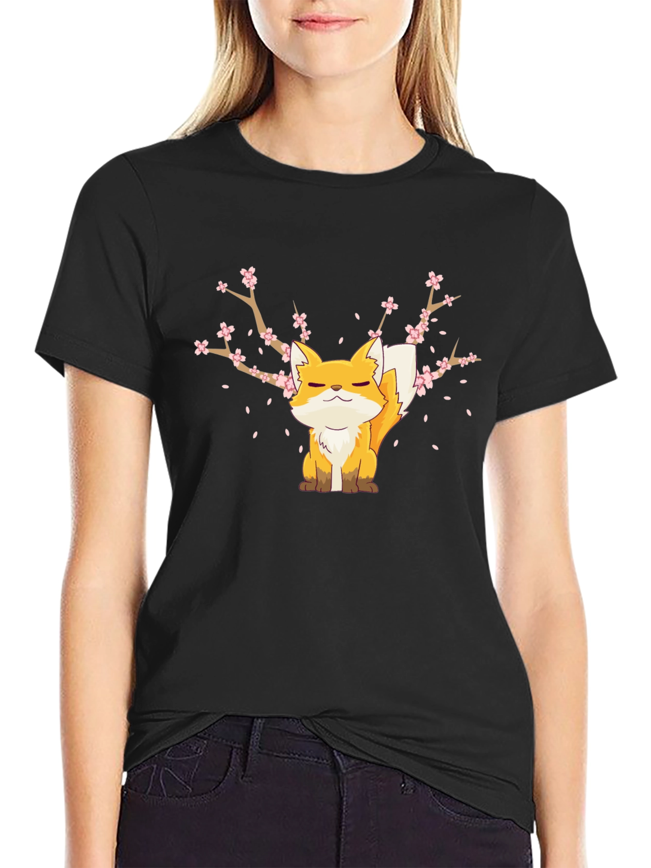 Fox & Cherry Blossom Graphic Black T-Shirt