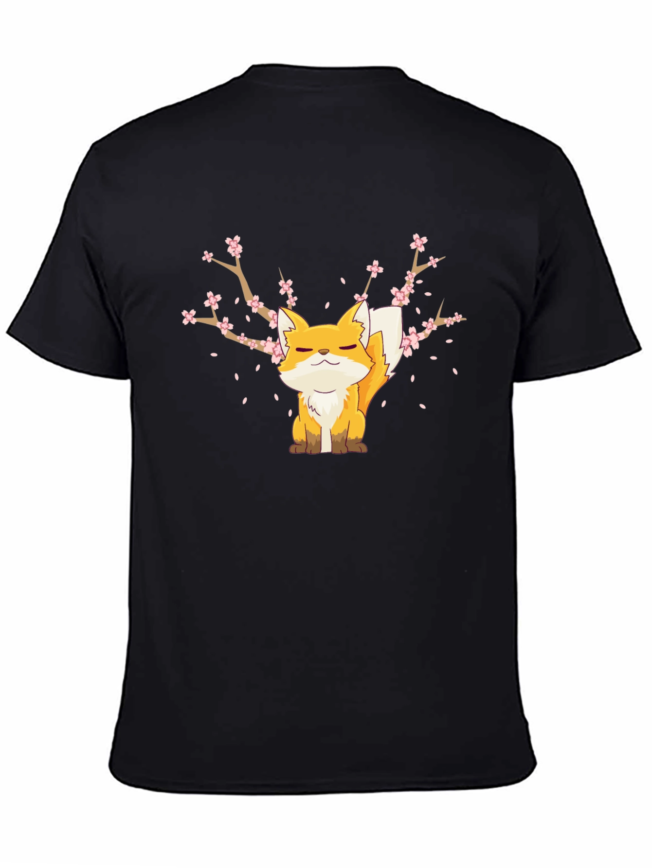 Fox & Cherry Blossom Graphic Black T-Shirt