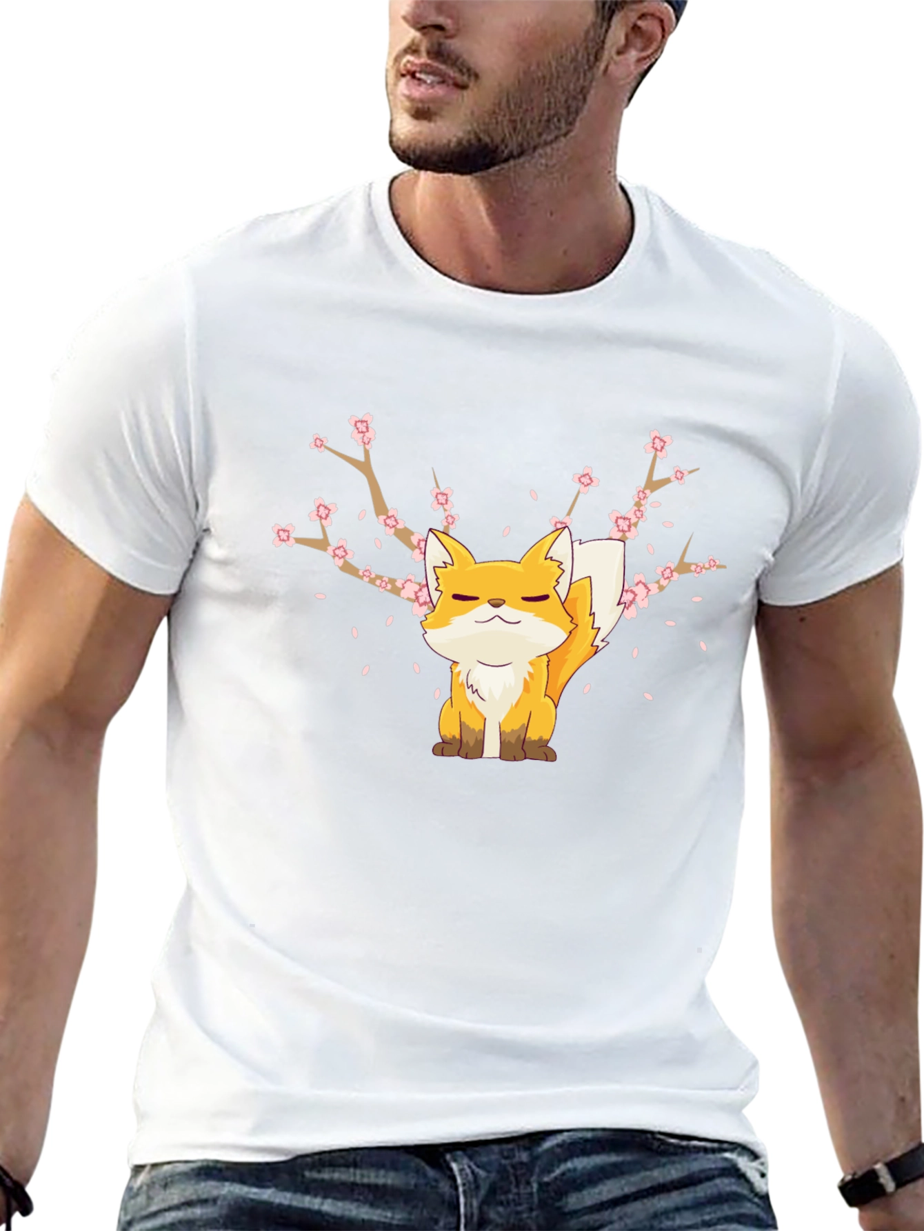 Fox & Cherry Blossom Graphic Black T-Shirt
