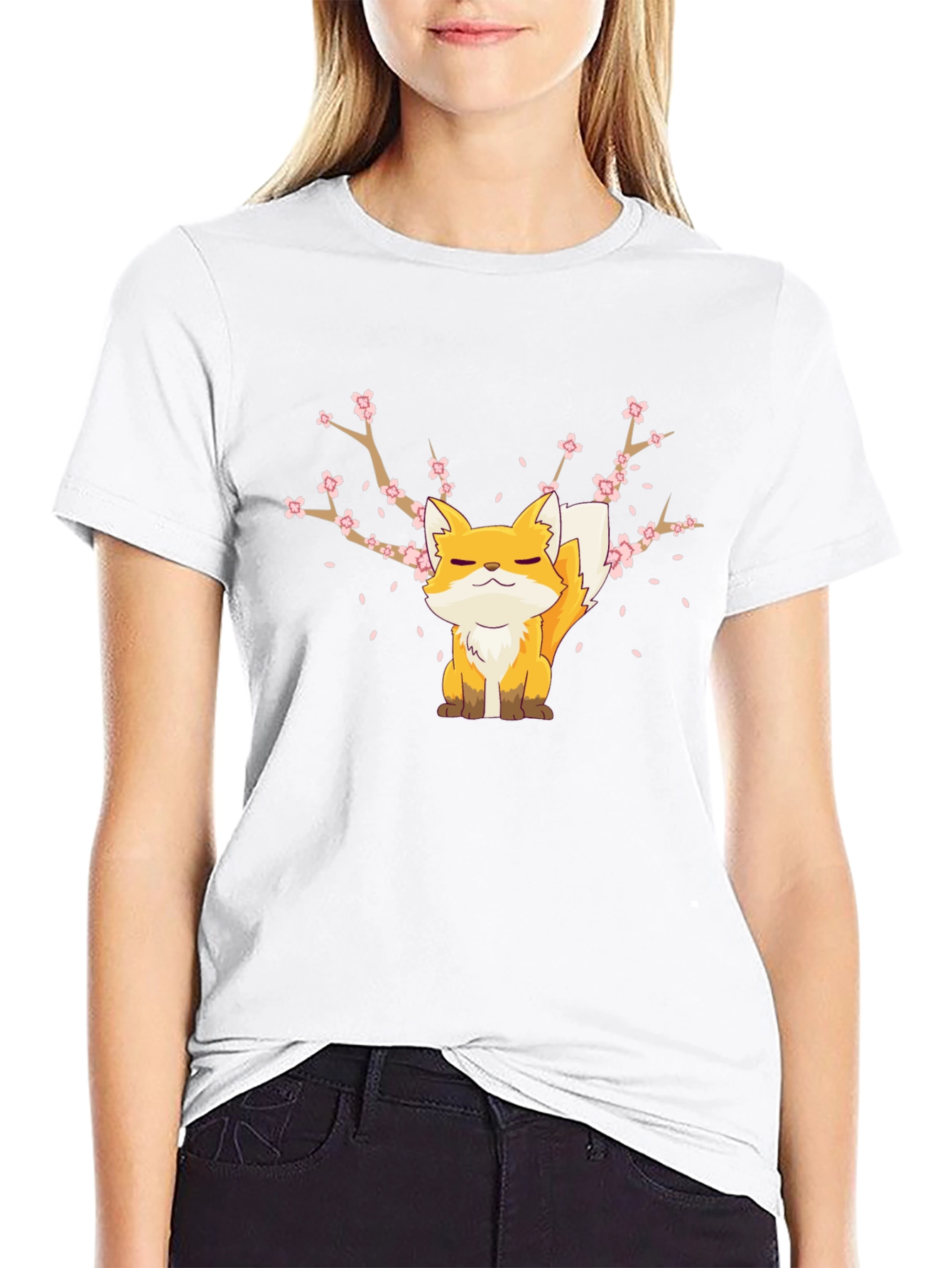 Fox & Cherry Blossom Graphic Black T-Shirt