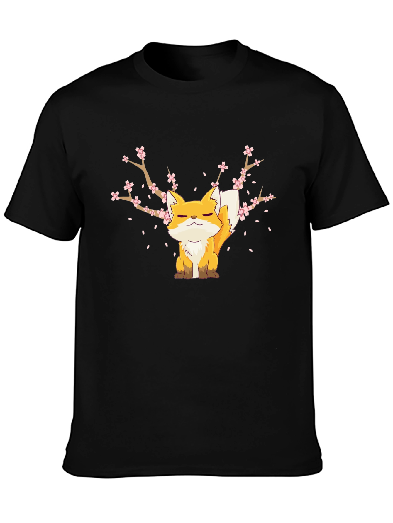 Fox & Cherry Blossom Graphic Black T-Shirt