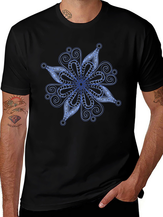 Geometric Blue Snowflake Graphic Tee - Soft Black Cotton