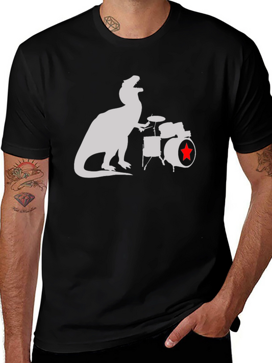 Dinosaur Drummer Graphic Tee - Black Cotton T-Shirt