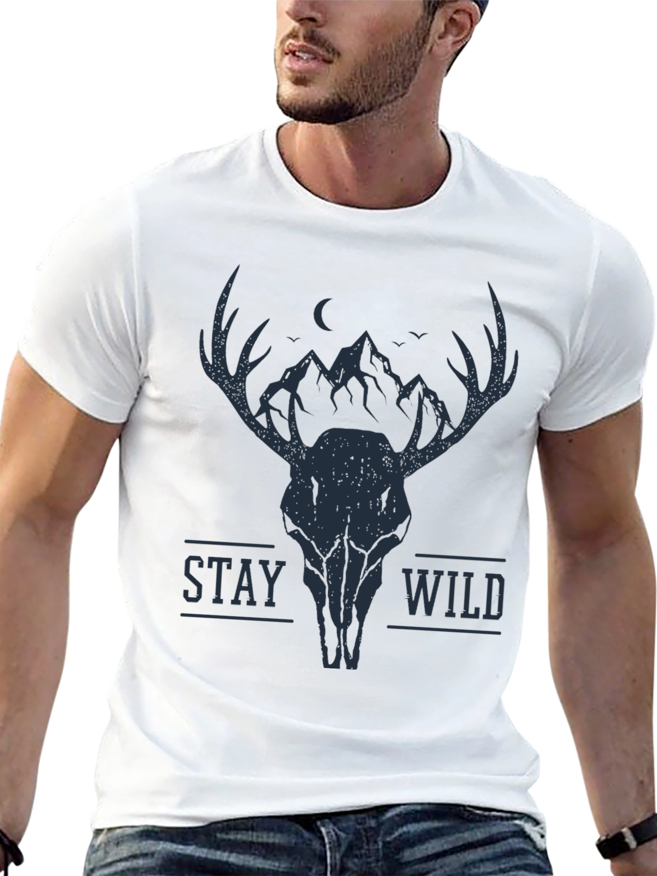 Stay Wild Deer Skull Graphic Tee - Black