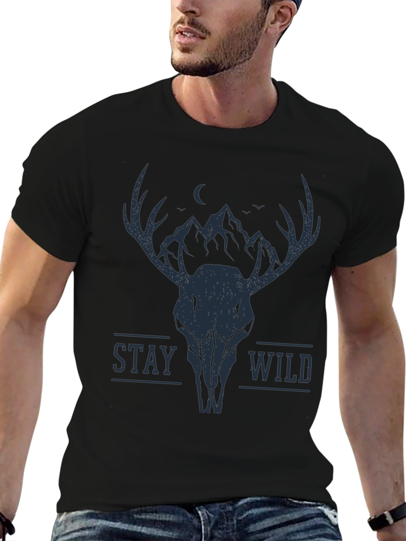 Stay Wild Deer Skull Graphic Tee - Black