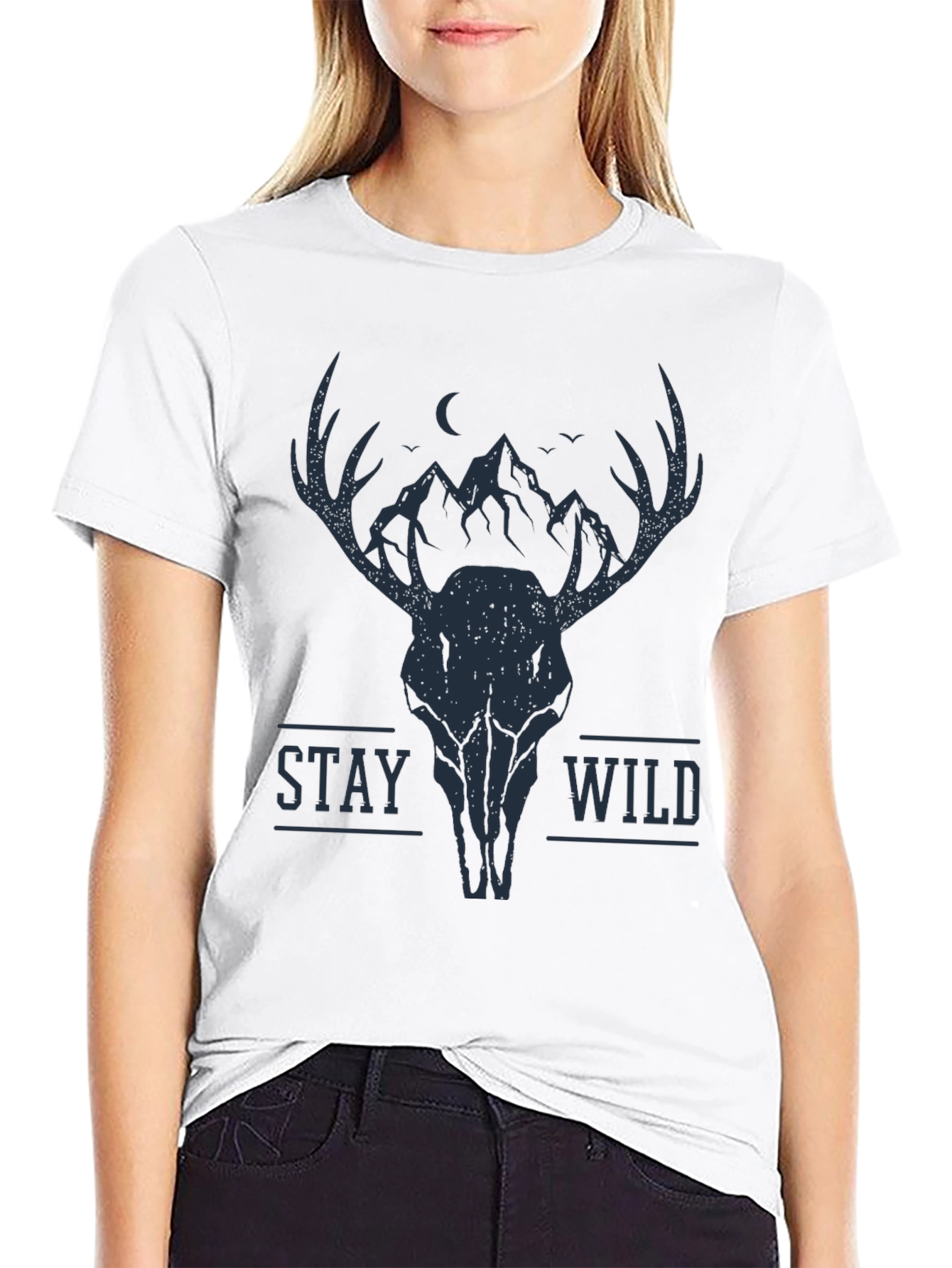 Stay Wild Deer Skull Graphic Tee - Black