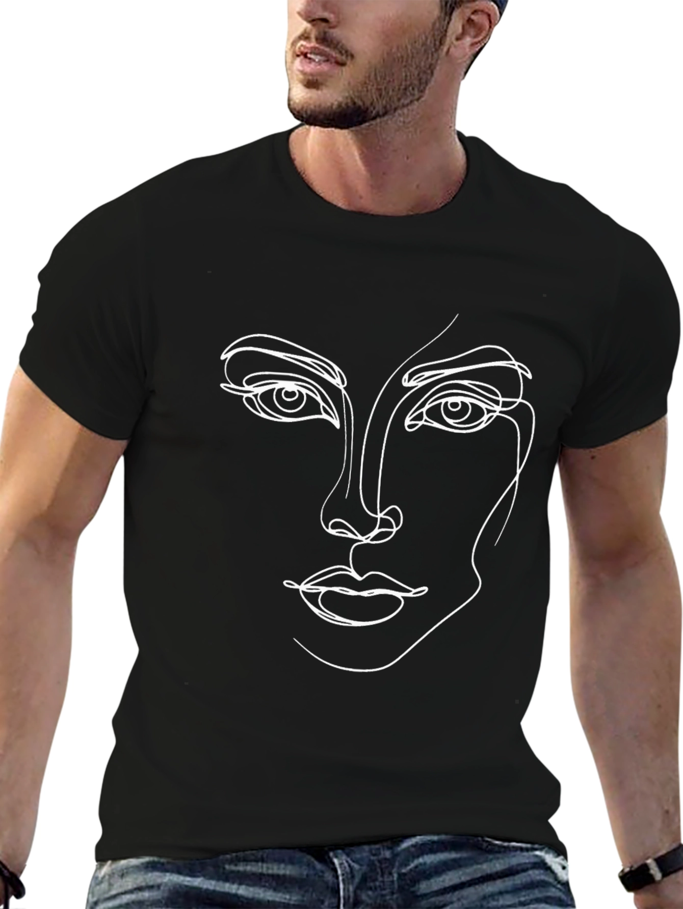 Abstract Line Art Face Black T-Shirt