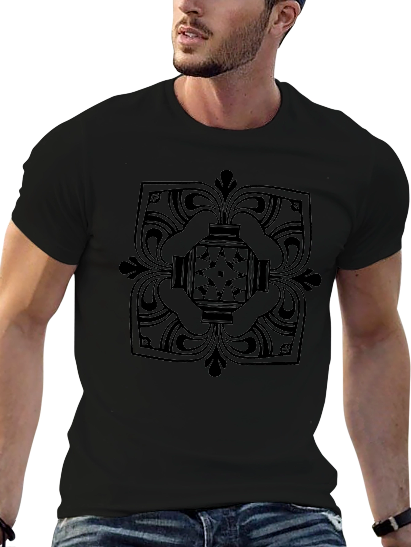 Black T-Shirt with Geometric Medallion Design