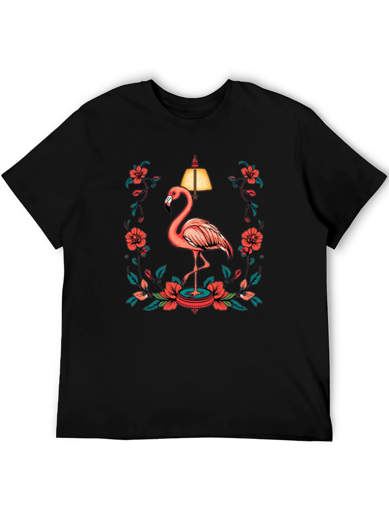 Black T-Shirt with Flamingo and Floral Lamp Graphic