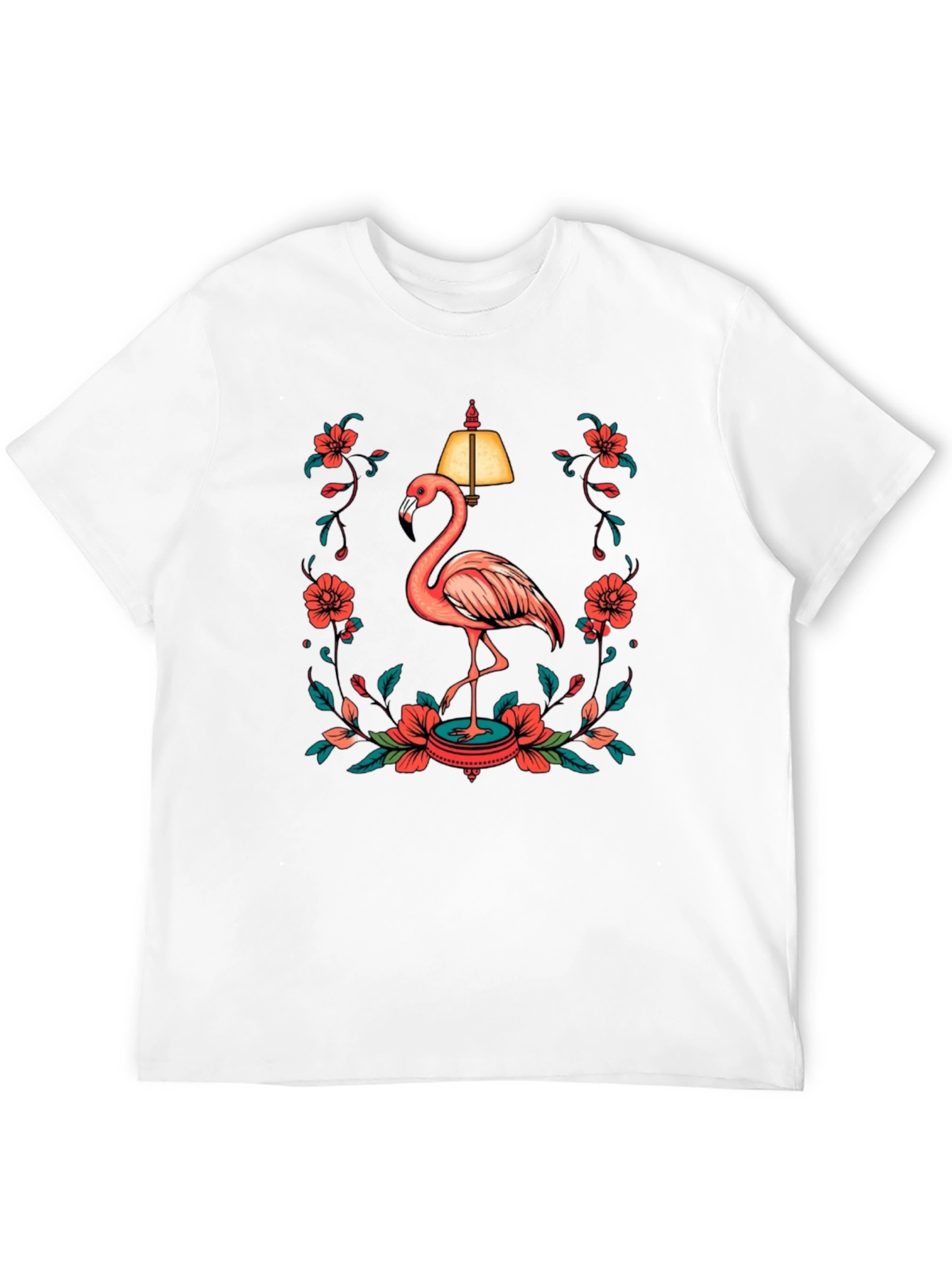 Black T-Shirt with Flamingo and Floral Lamp Graphic