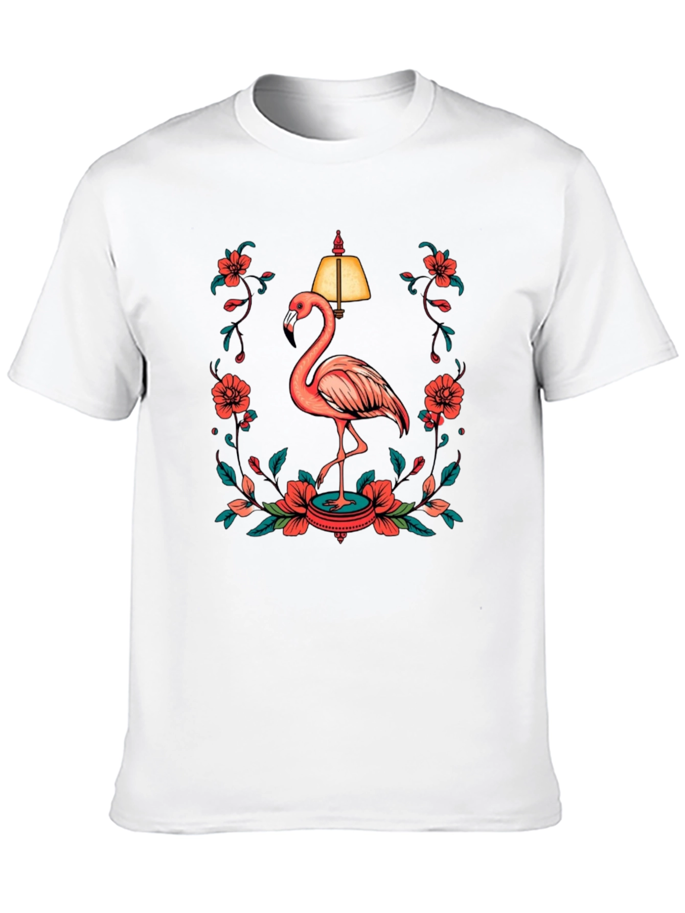 Black T-Shirt with Flamingo and Floral Lamp Graphic