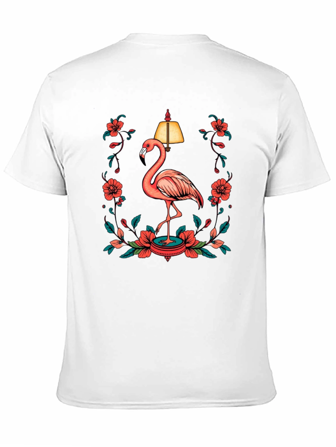 Black T-Shirt with Flamingo and Floral Lamp Graphic