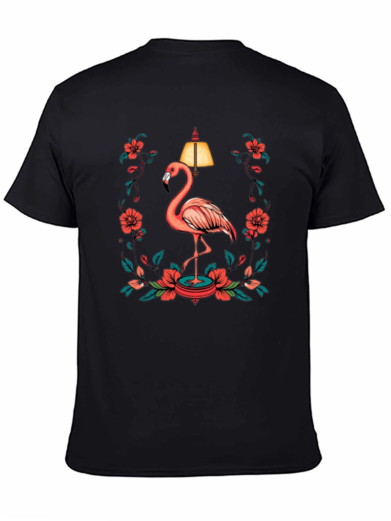 Black T-Shirt with Flamingo and Floral Lamp Graphic