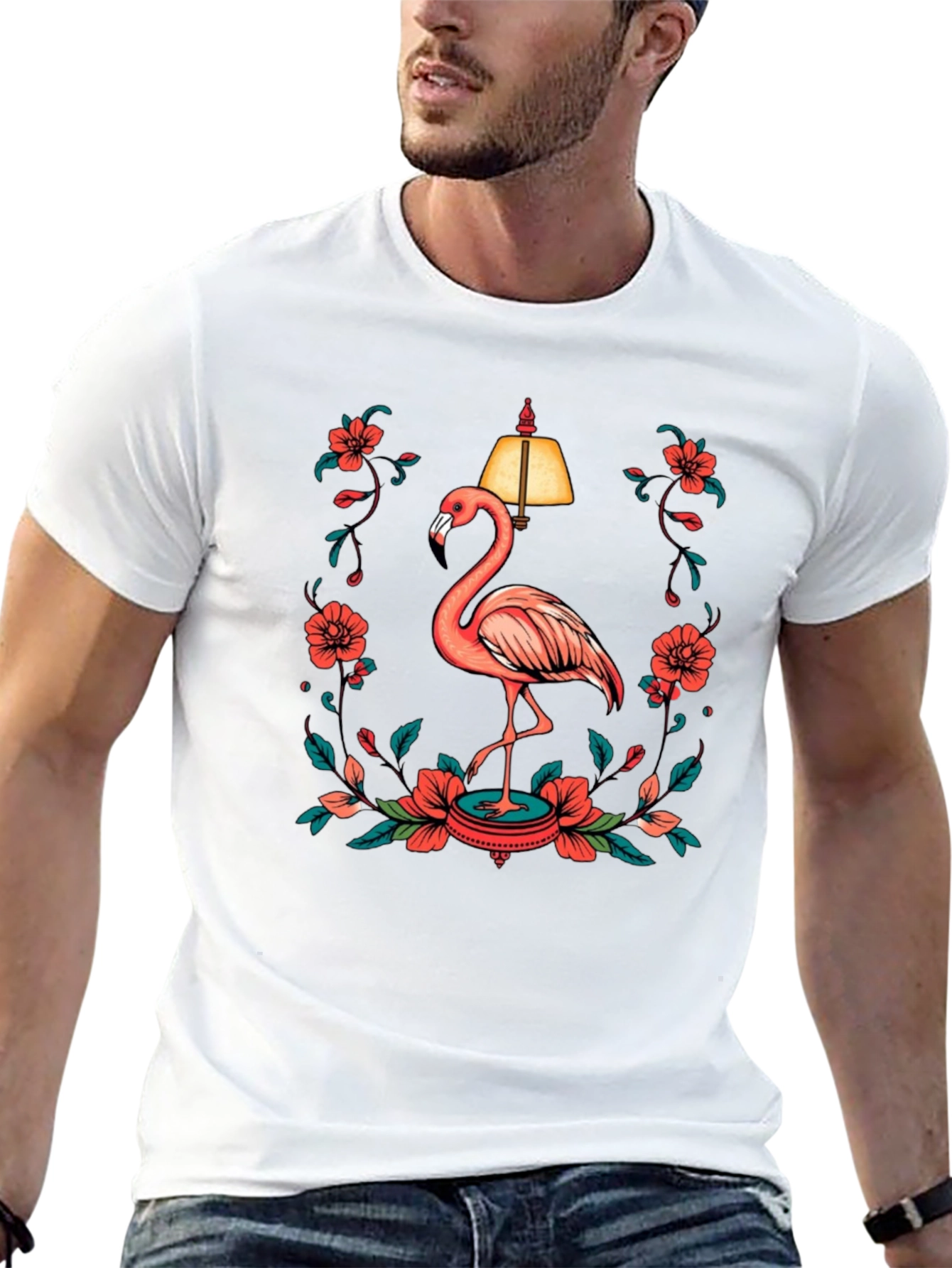 Black T-Shirt with Flamingo and Floral Lamp Graphic