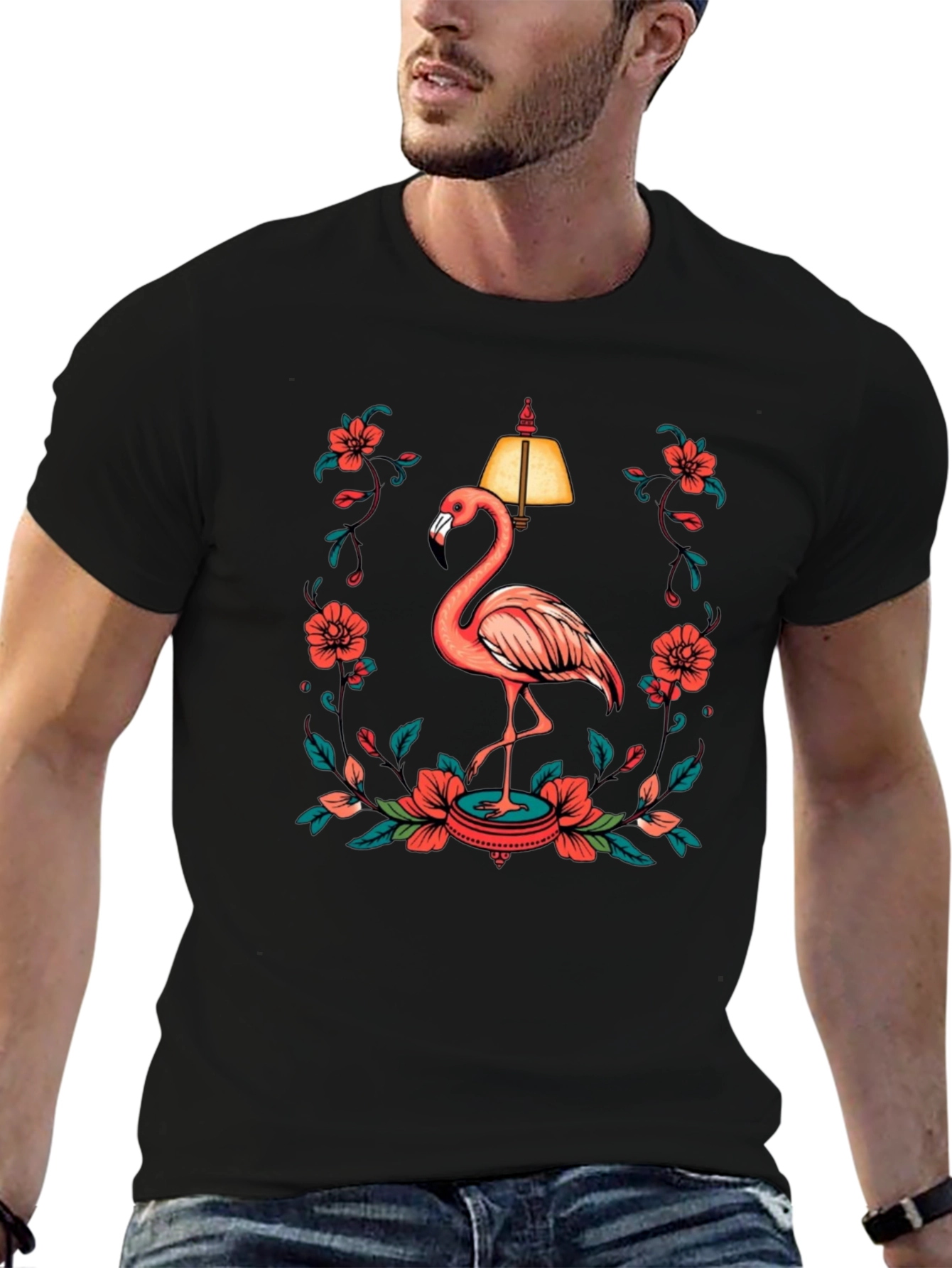 Black T-Shirt with Flamingo and Floral Lamp Graphic