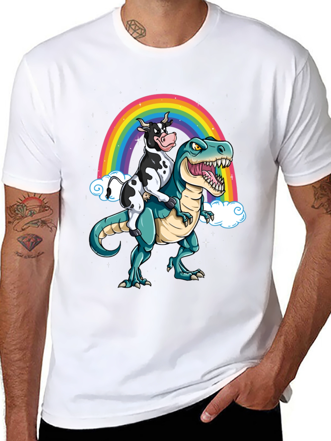 Cow Riding Dinosaur Rainbow T-Shirt