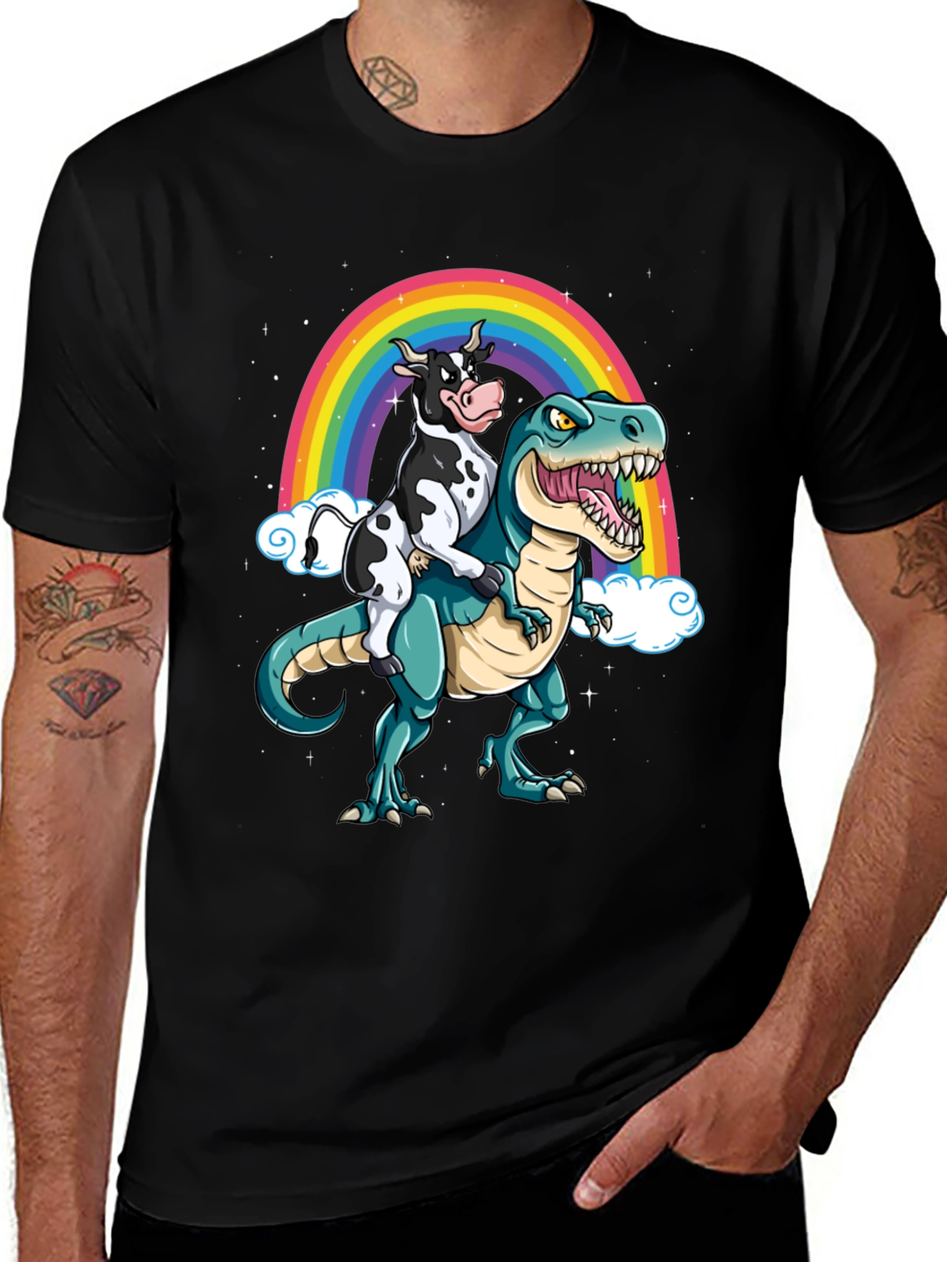 Cow Riding Dinosaur Rainbow T-Shirt