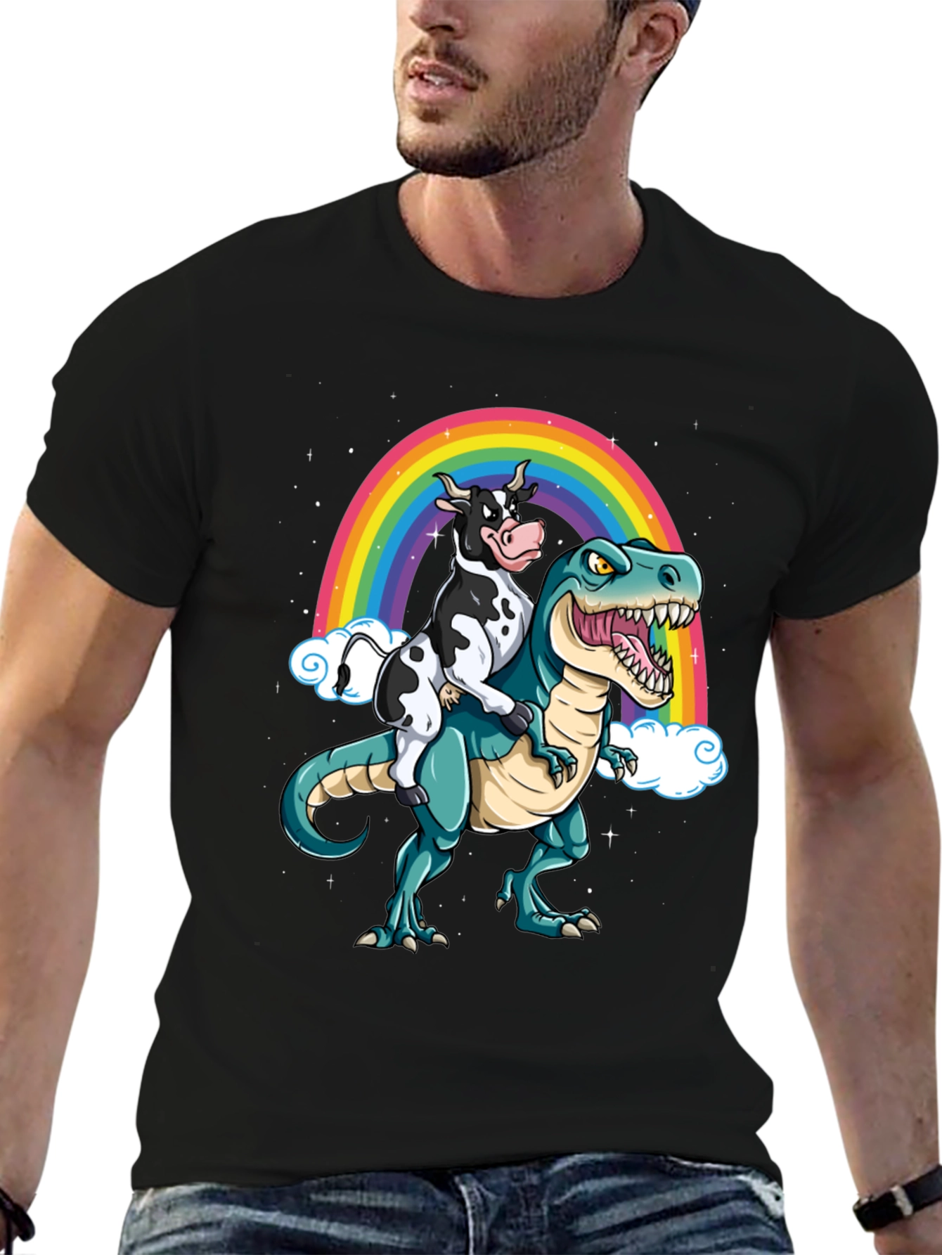 Cow Riding Dinosaur Rainbow T-Shirt