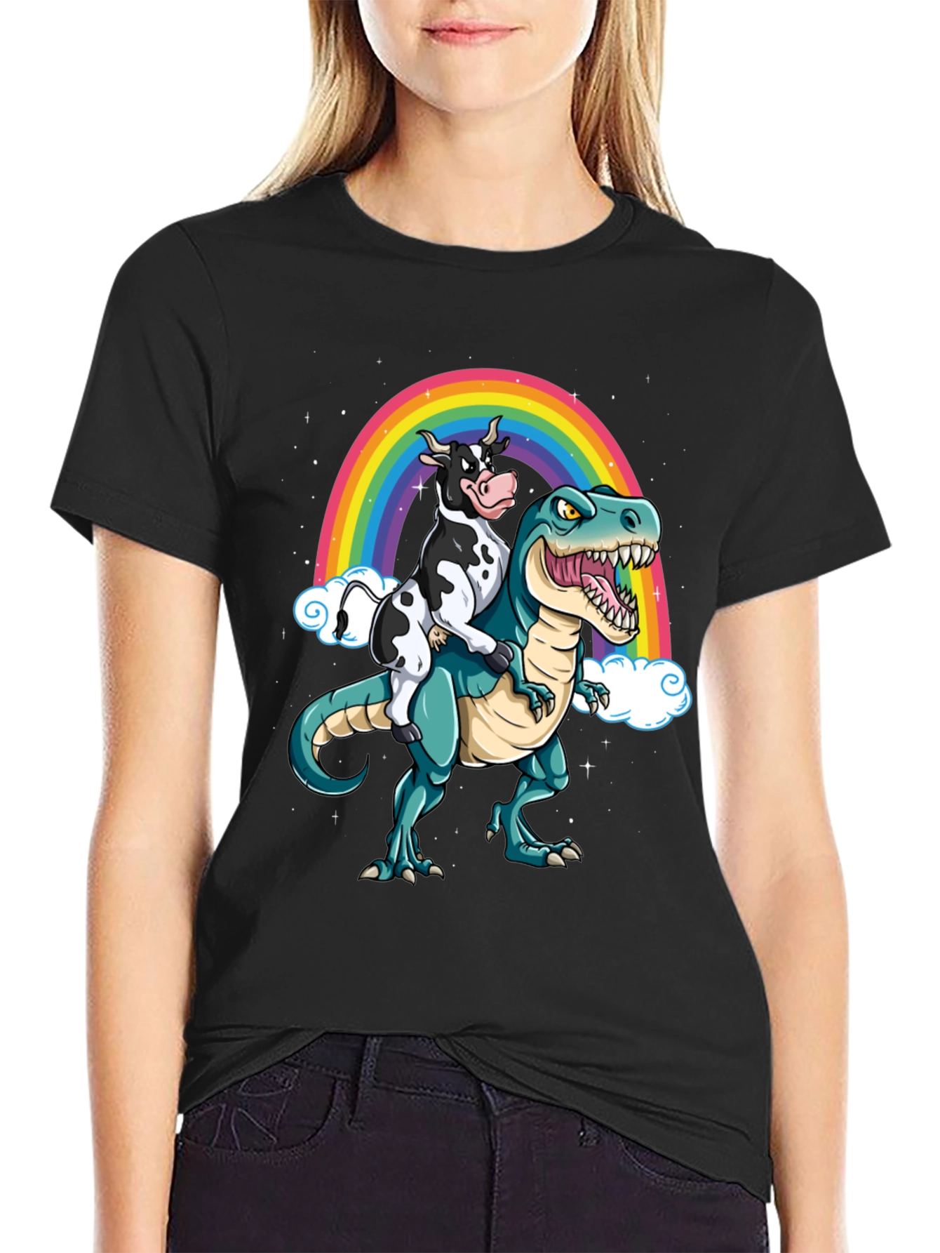 Cow Riding Dinosaur Rainbow T-Shirt