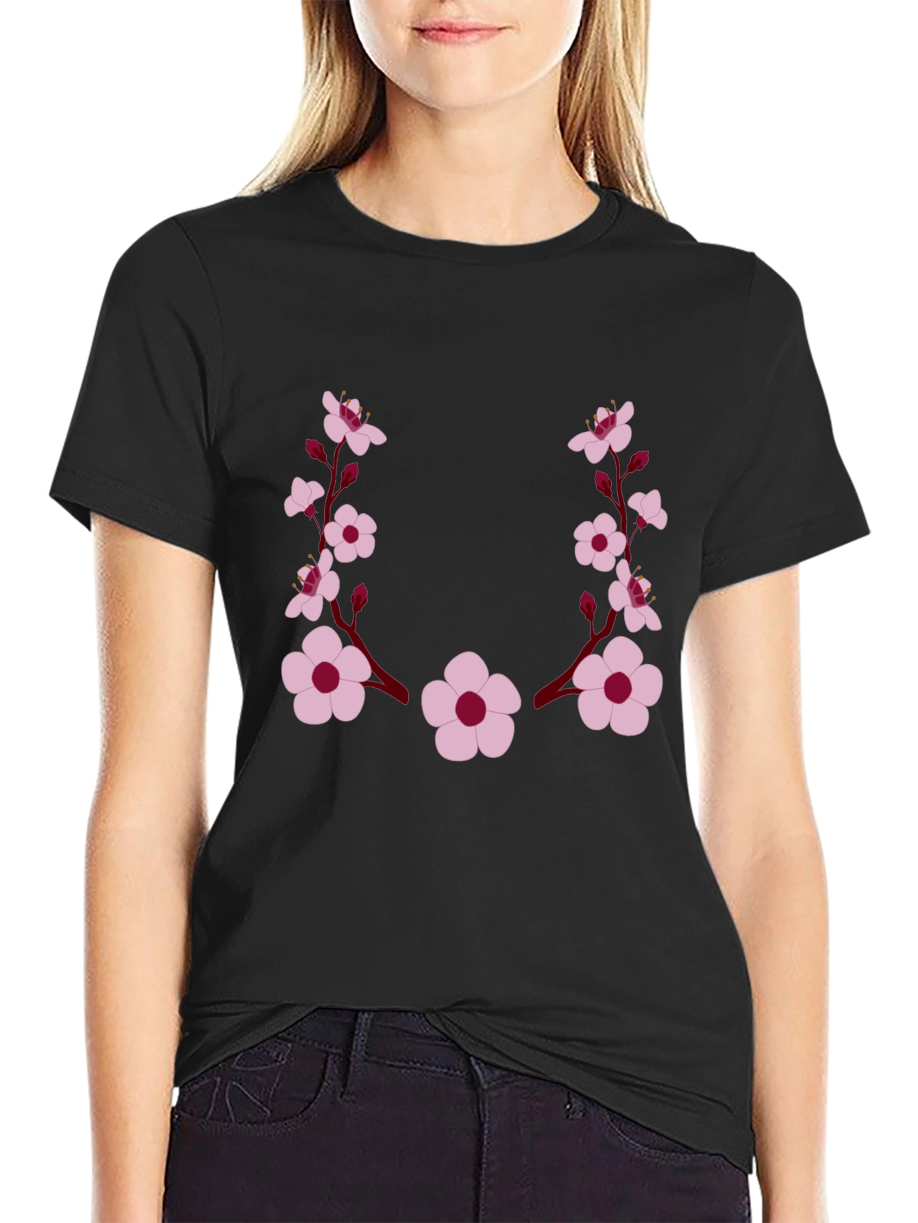 Black Floral Sakura Graphic T-Shirt