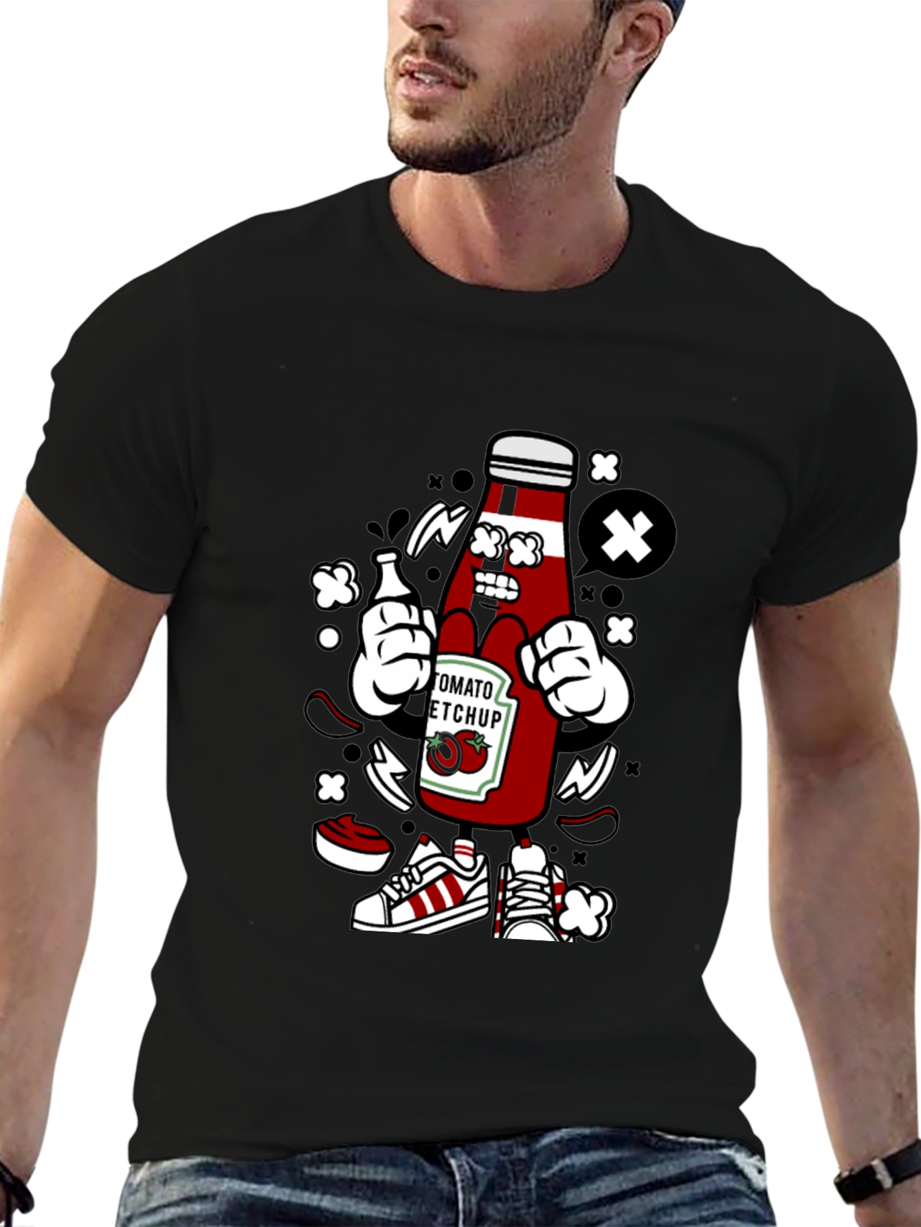 Ketchup Cartoon Graphic Black T-Shirt