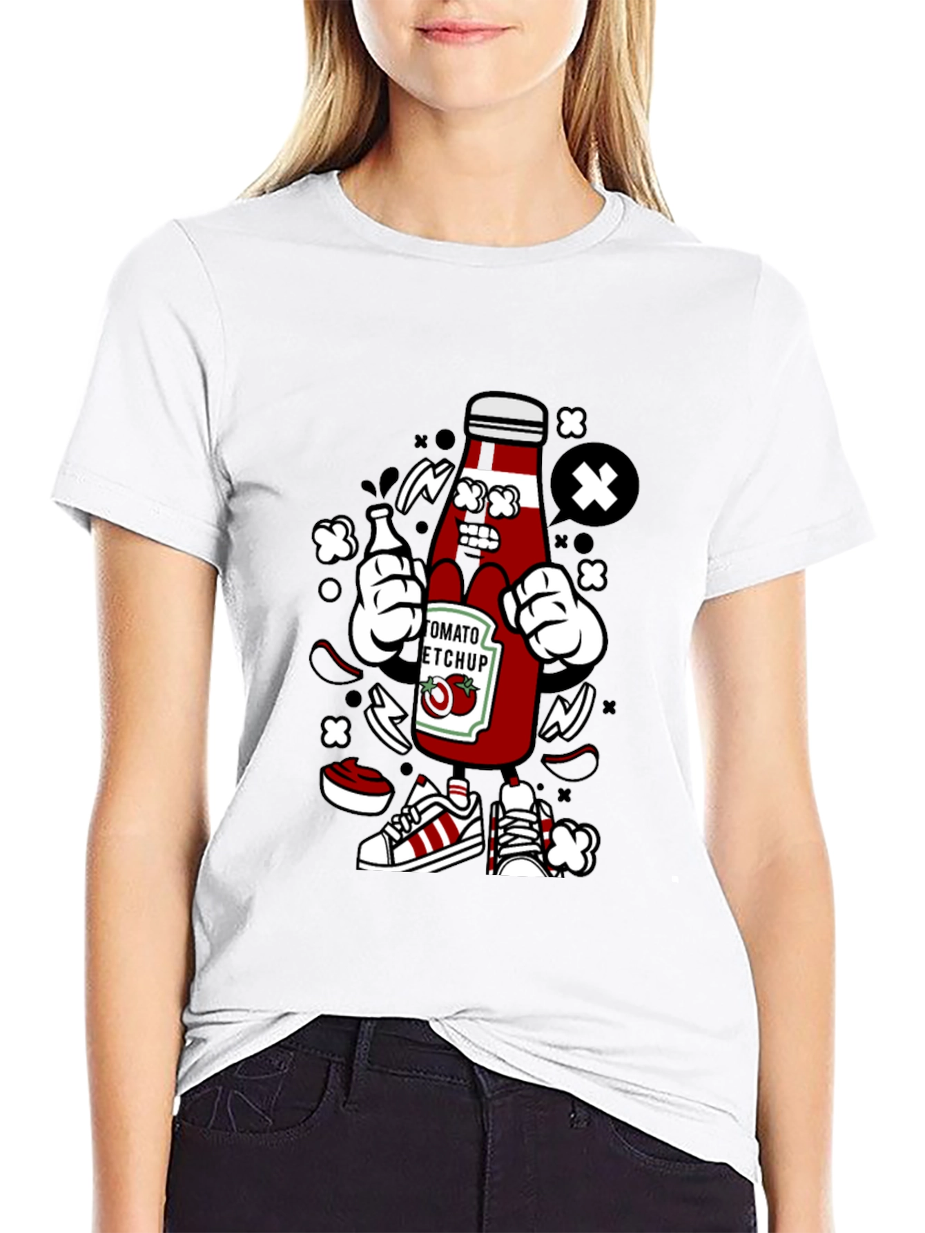 Ketchup Cartoon Graphic Black T-Shirt