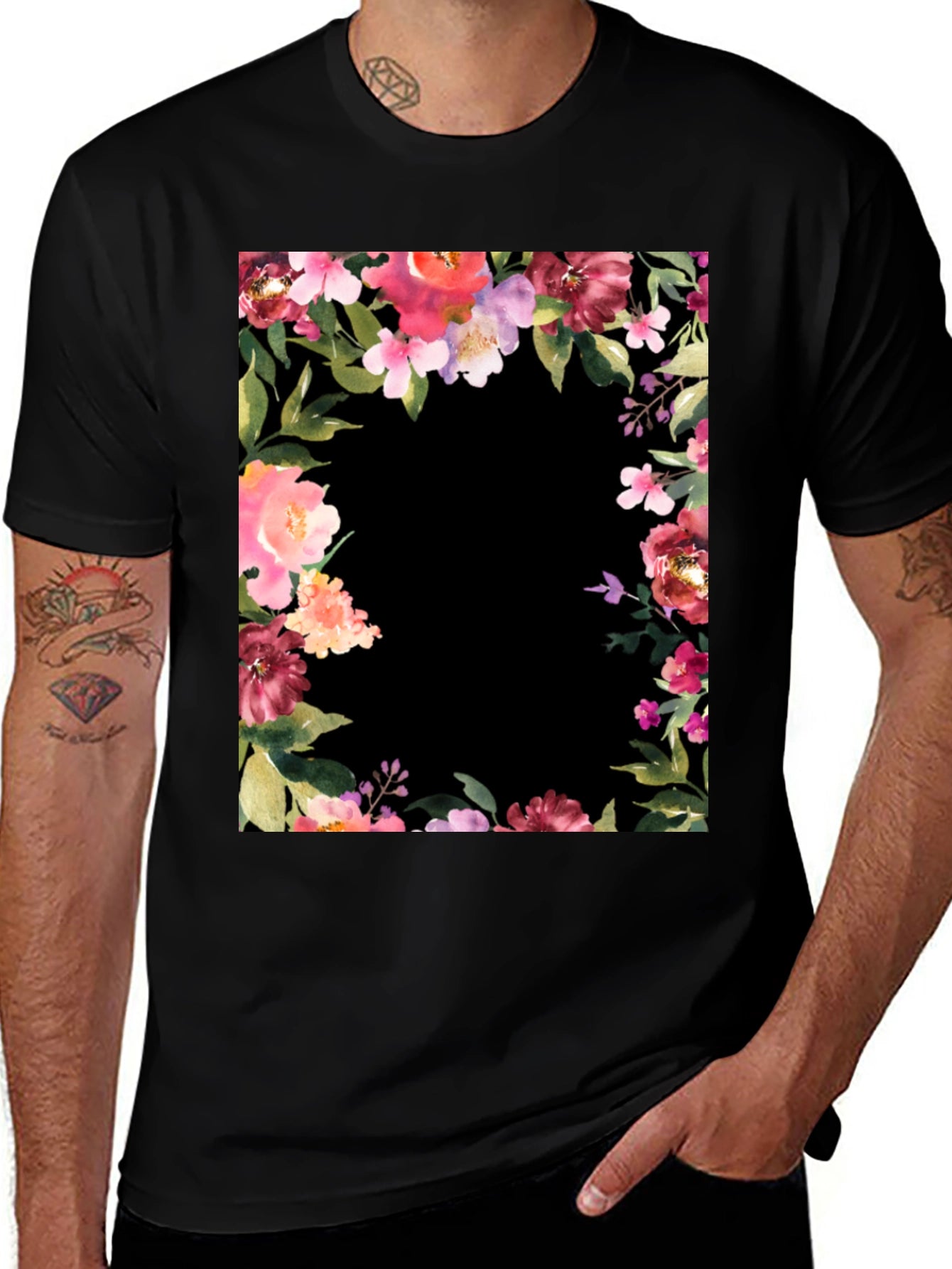 Floral Frame Black T-Shirt