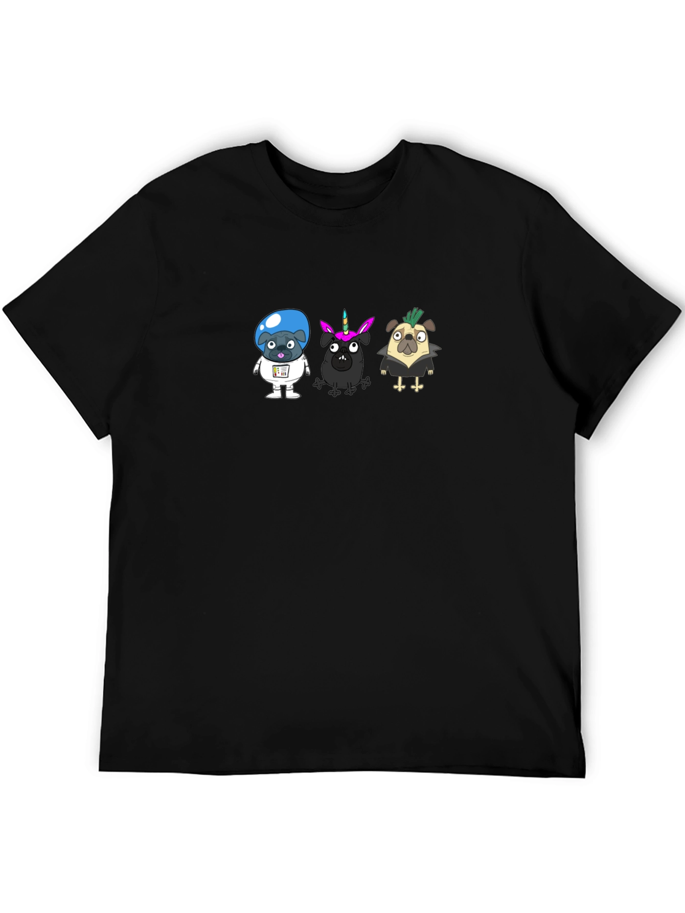 Cartoon Pugs Black T-Shirt