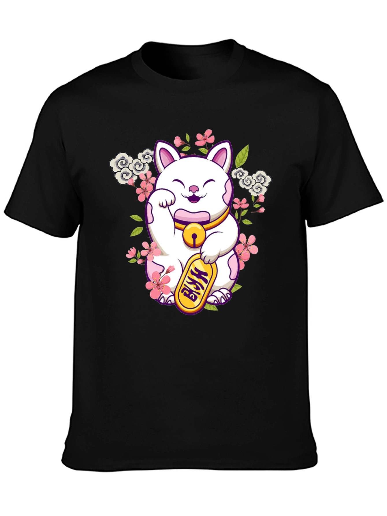 Lucky Cat Graphic Tee - Black Cotton T-Shirt