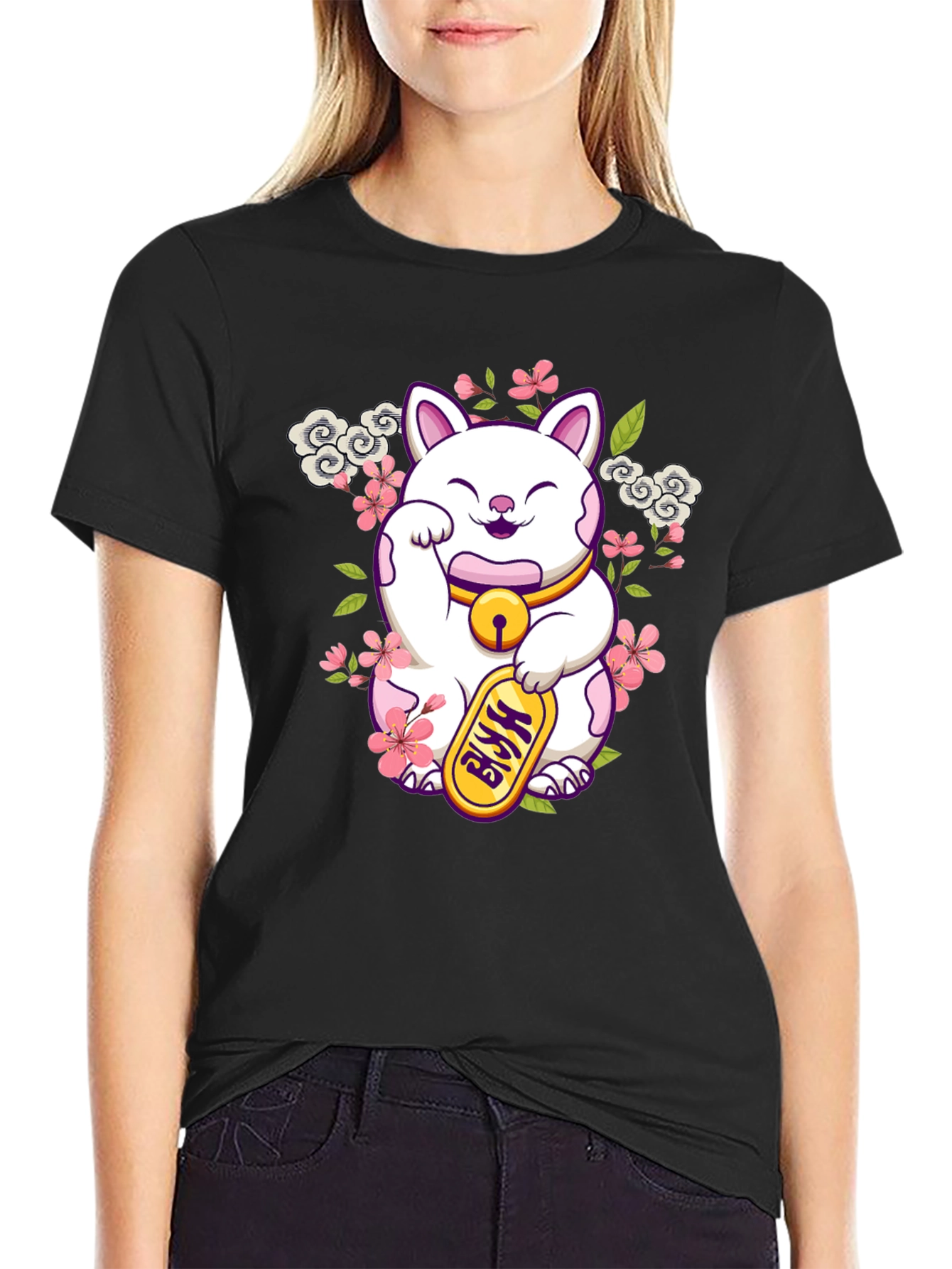 Lucky Cat Graphic Tee - Black Cotton T-Shirt