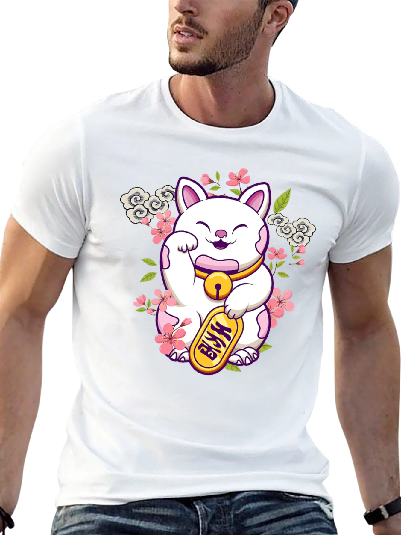 Lucky Cat Graphic Tee - Black Cotton T-Shirt
