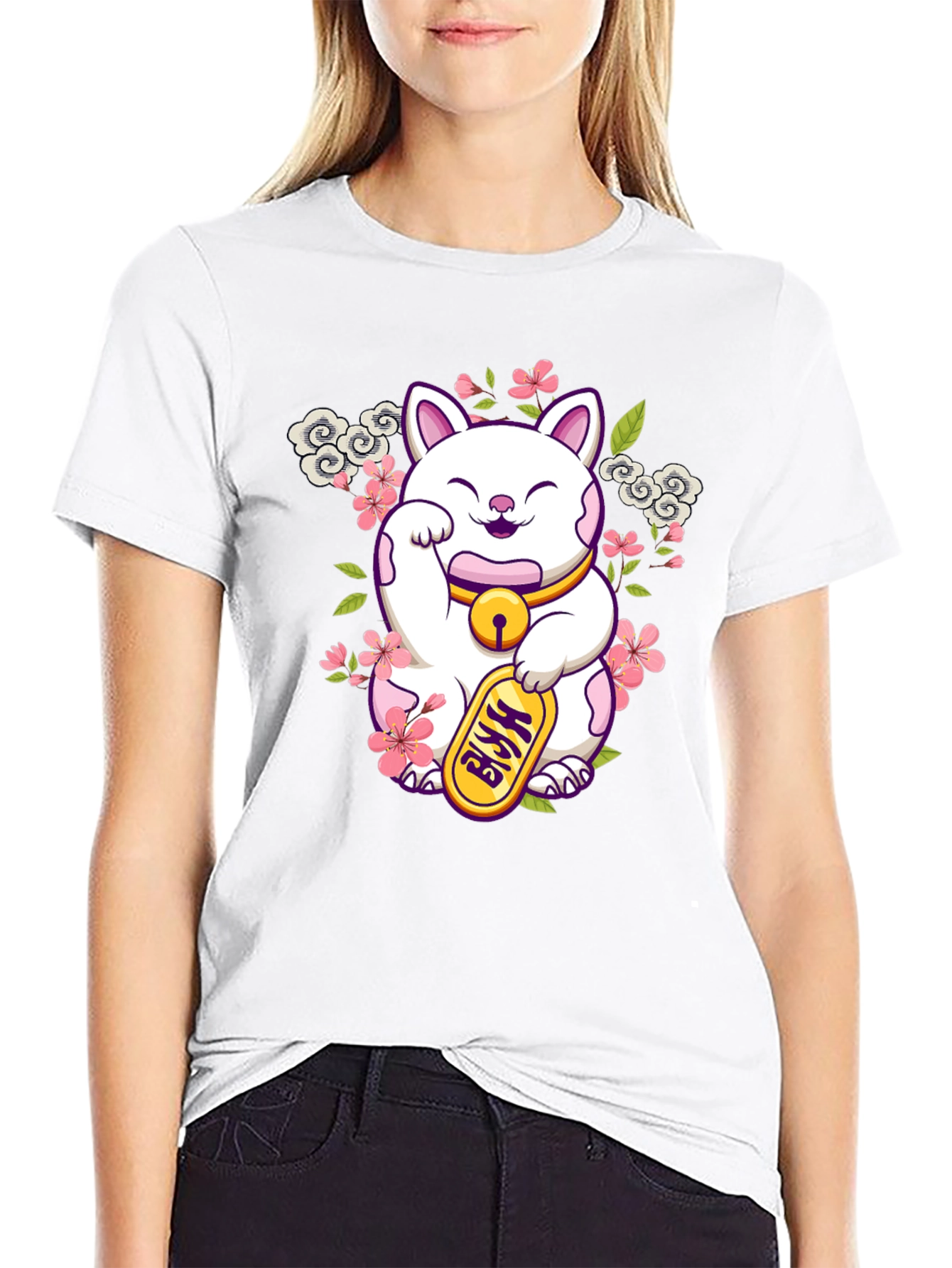 Lucky Cat Graphic Tee - Black Cotton T-Shirt
