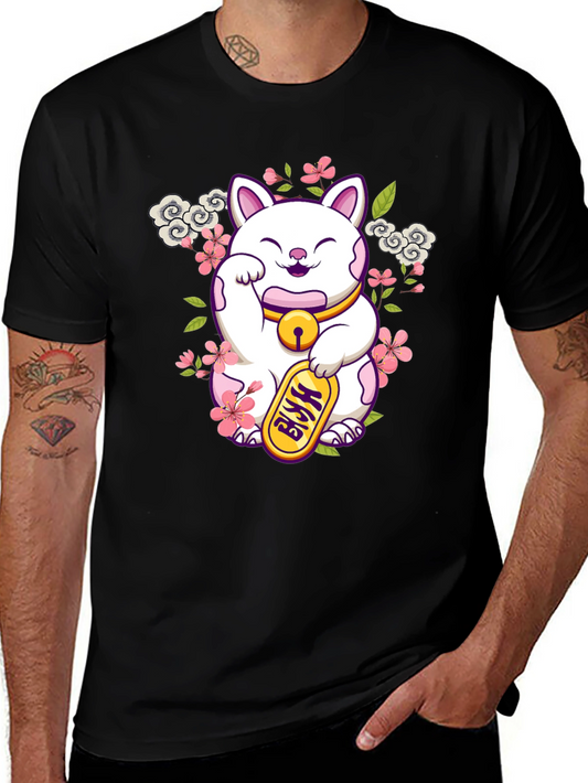Lucky Cat Graphic Tee - Black Cotton T-Shirt