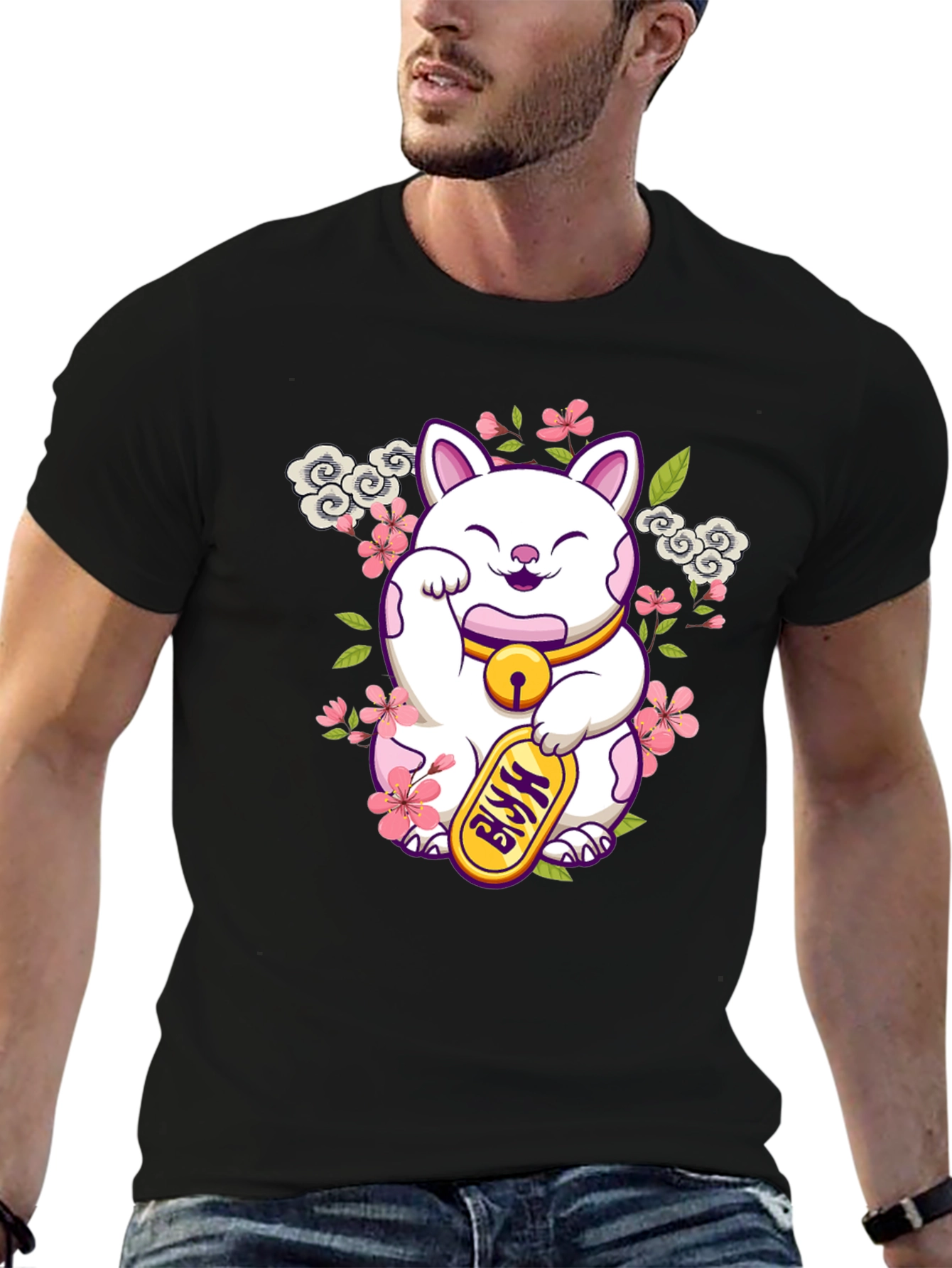Lucky Cat Graphic Tee - Black Cotton T-Shirt