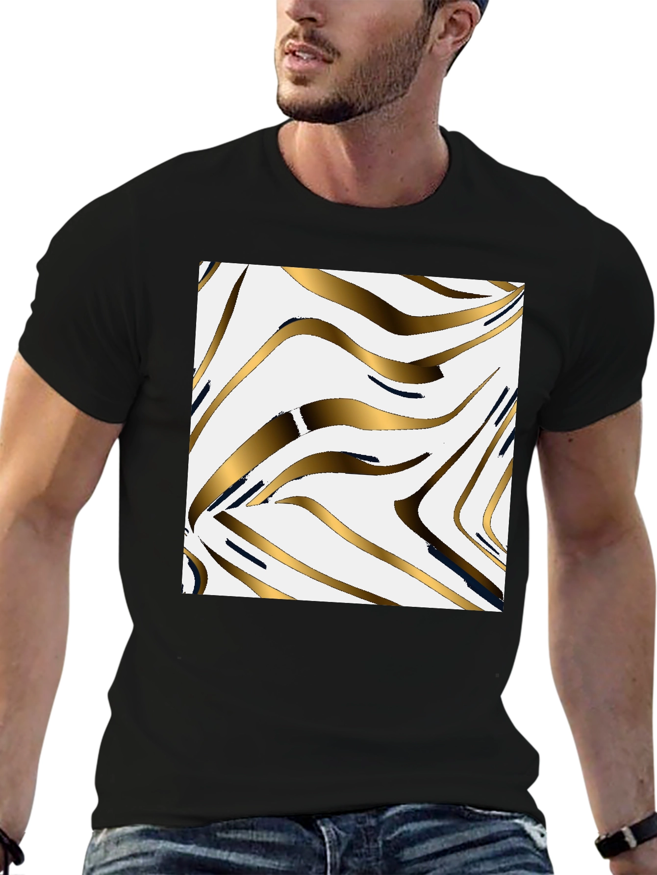 Stylish Black Tee with Abstract Gold Pattern