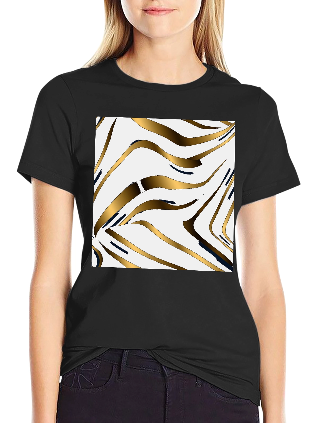 Stylish Black Tee with Abstract Gold Pattern