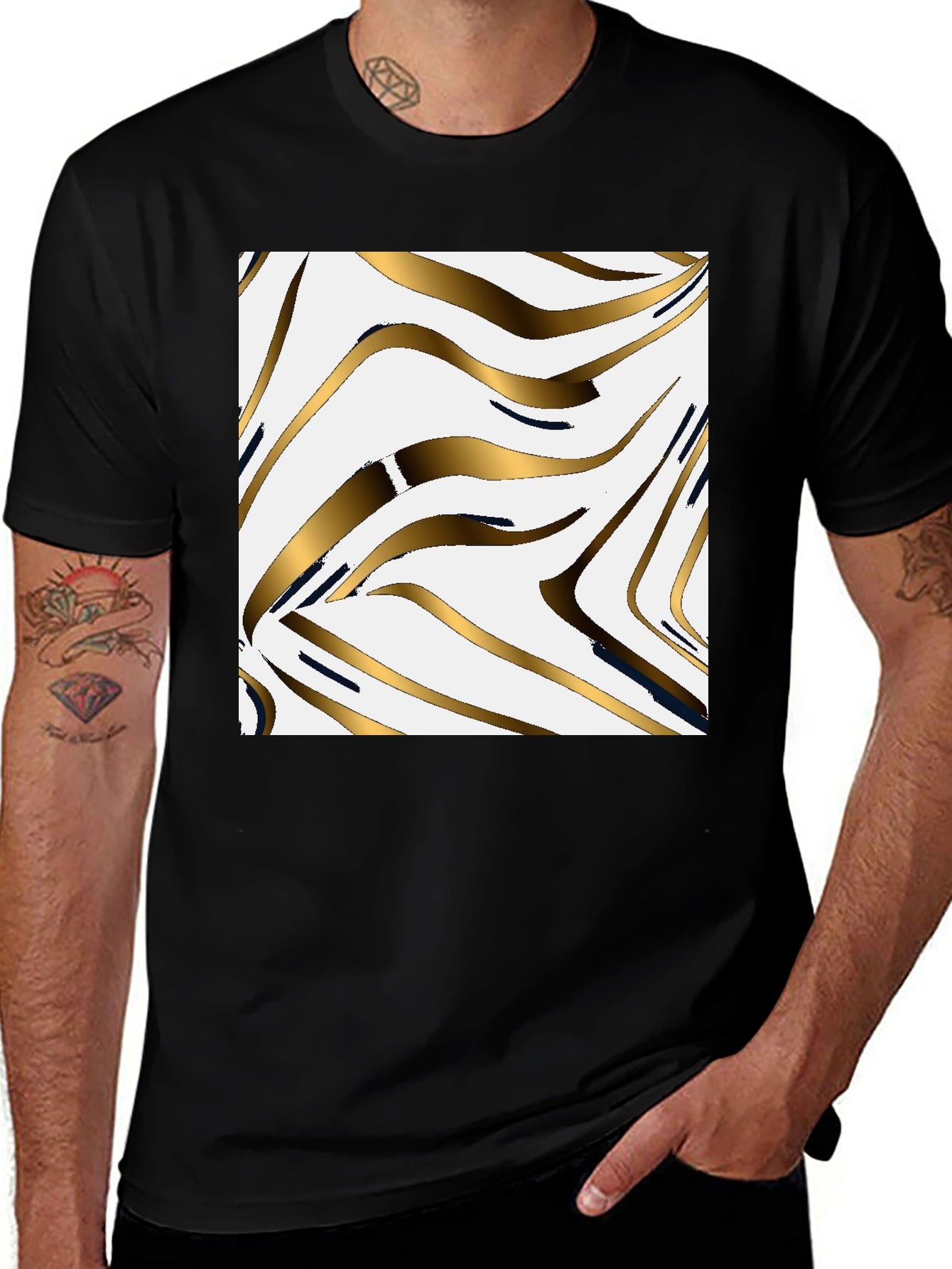 Stylish Black Tee with Abstract Gold Pattern
