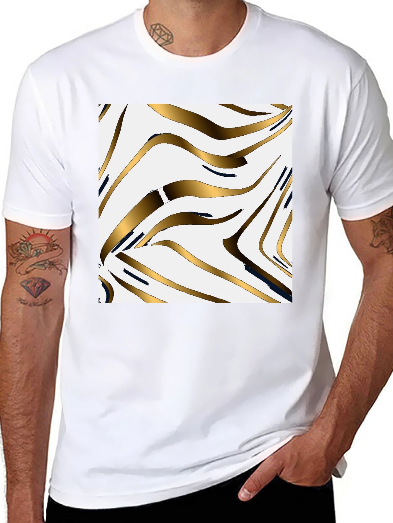 Stylish Black Tee with Abstract Gold Pattern