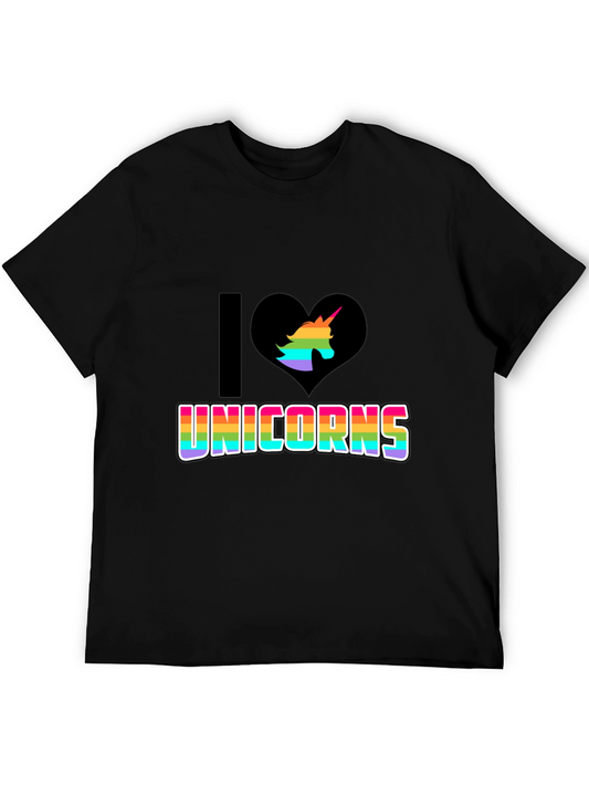 I Love Unicorns Rainbow Graphic Tee - Black Cotton Shirt