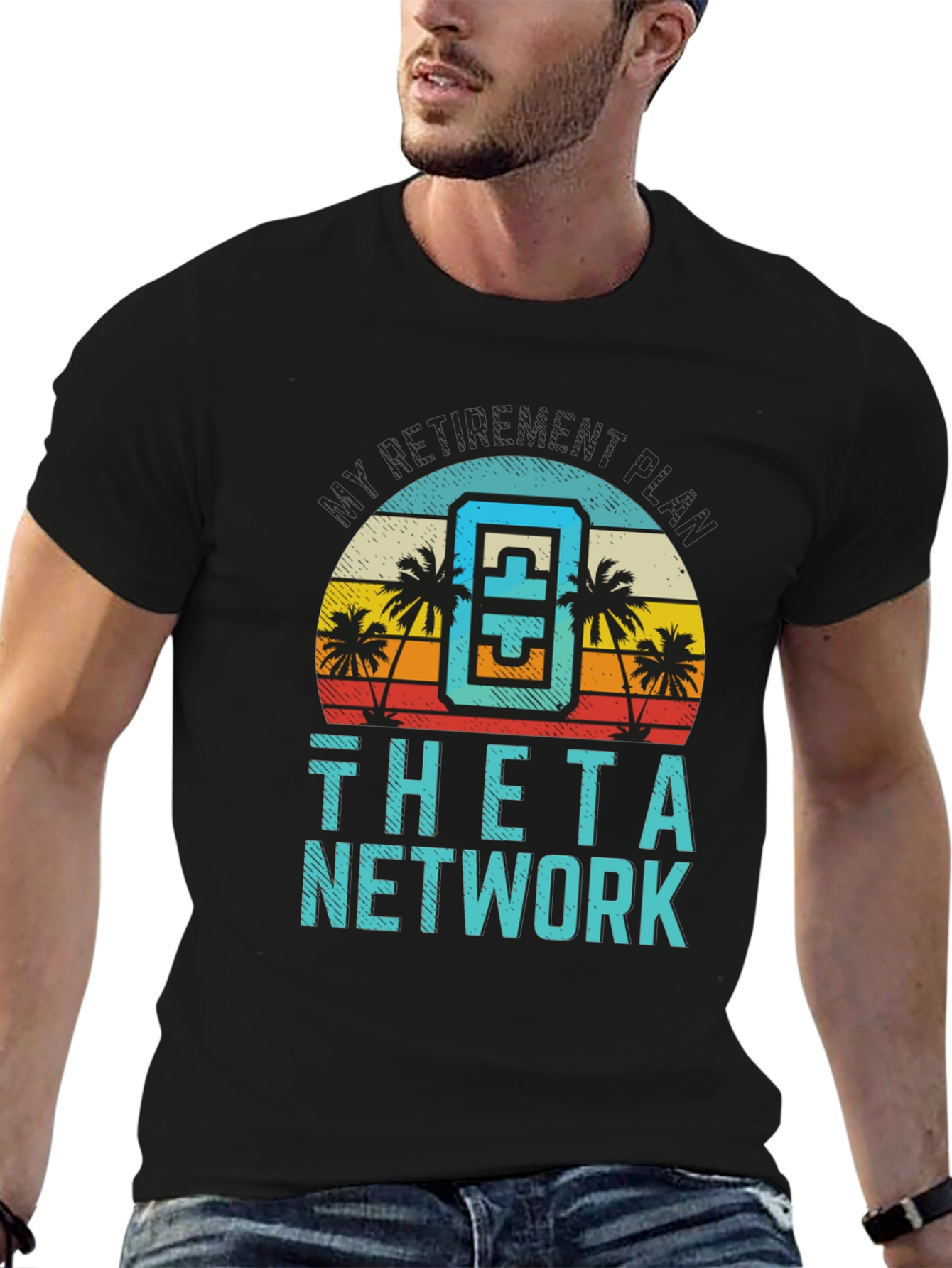 Theta Network Black T-Shirt Beach Sunset Design