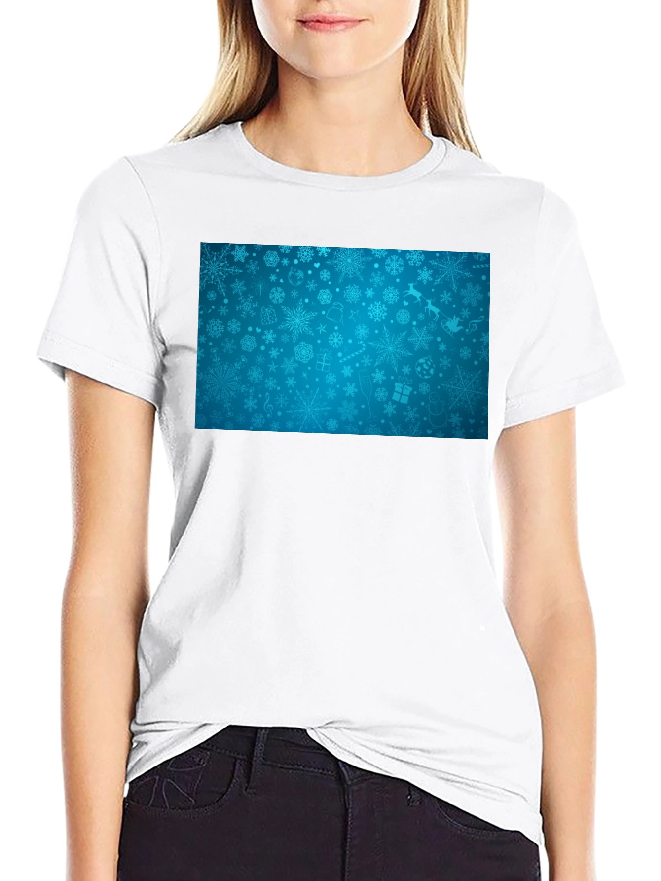 Festive Snowflake Pattern Black T-Shirt