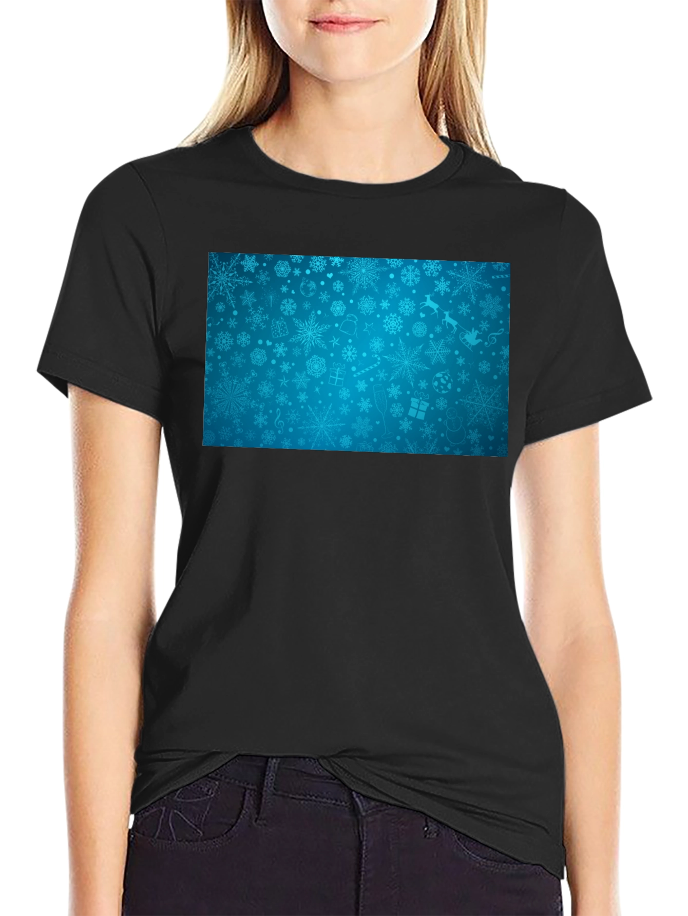 Festive Snowflake Pattern Black T-Shirt