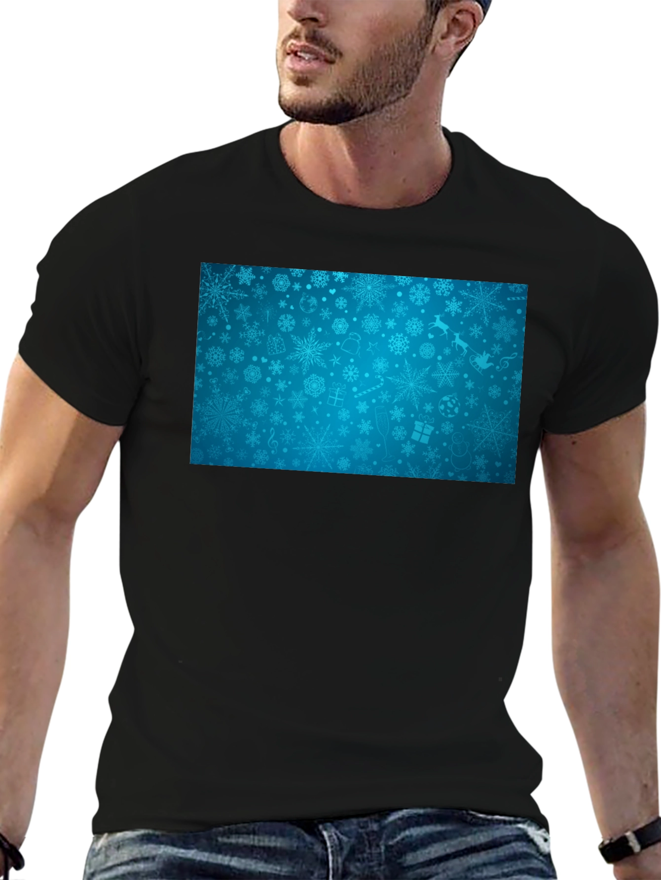 Festive Snowflake Pattern Black T-Shirt