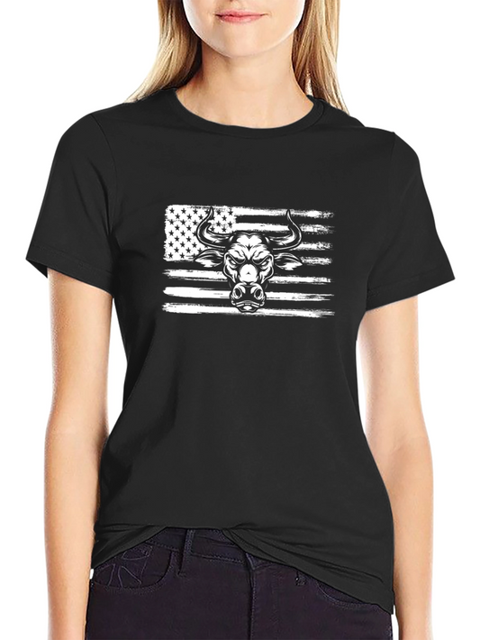 American Flag Bull Graphic Tee - Black Cotton T-Shirt