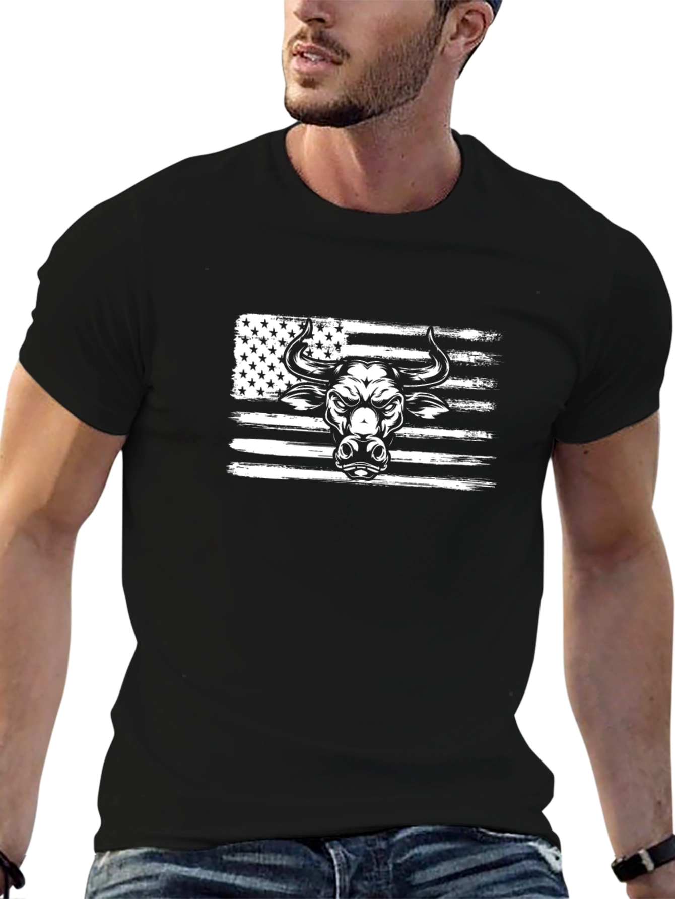 American Flag Bull Graphic Tee - Black Cotton T-Shirt